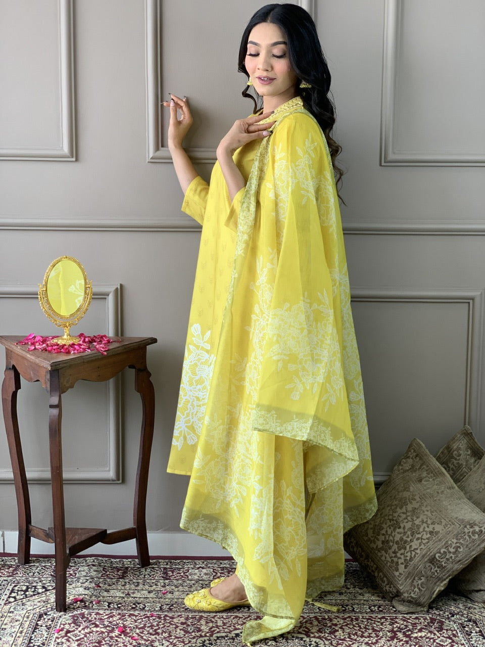 Women's Yellow Floral Embroidered Viscose Chanderi Kurta Set with Dupatta, 3/4 Sleeve, Regular Fit