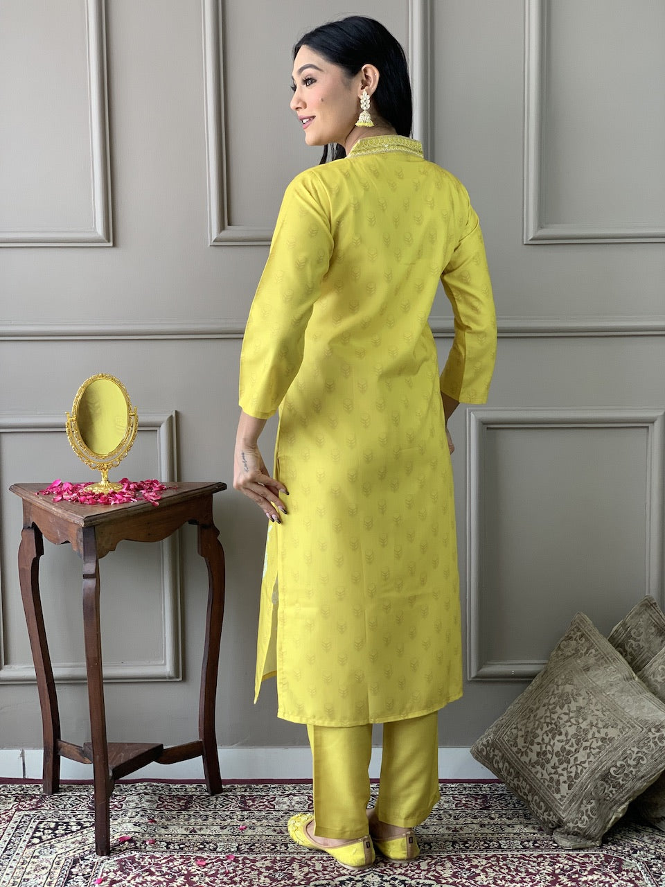 Women's Yellow Floral Embroidered Viscose Chanderi Kurta Set with Dupatta, 3/4 Sleeve, Regular Fit