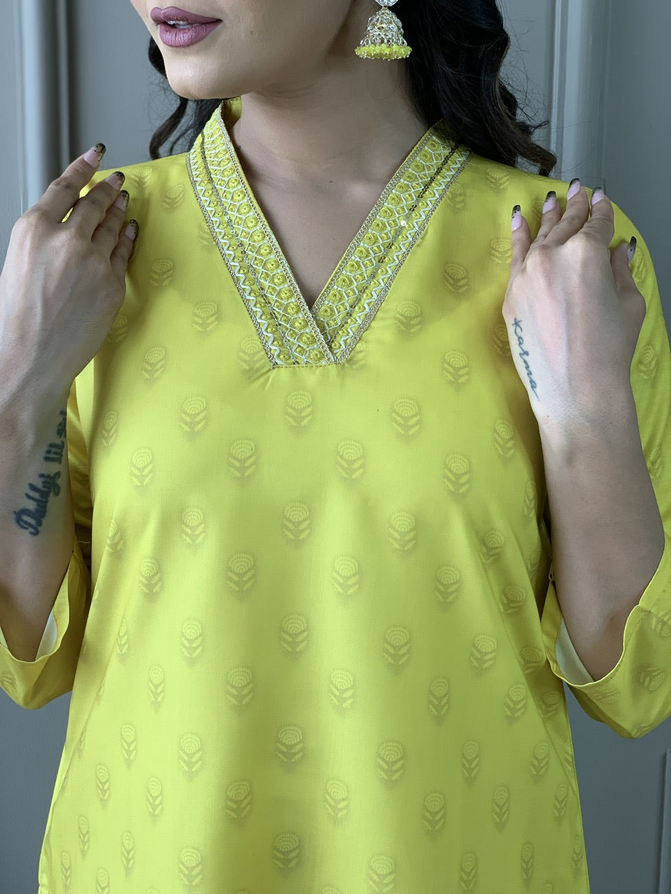 Women's Yellow Floral Embroidered Viscose Chanderi Kurta Set with Dupatta, 3/4 Sleeve, Regular Fit