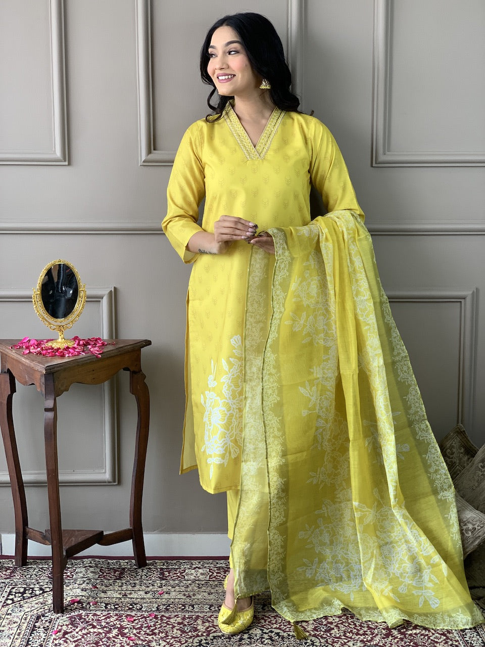 Women's Yellow Floral Embroidered Viscose Chanderi Kurta Set with Dupatta, 3/4 Sleeve, Regular Fit