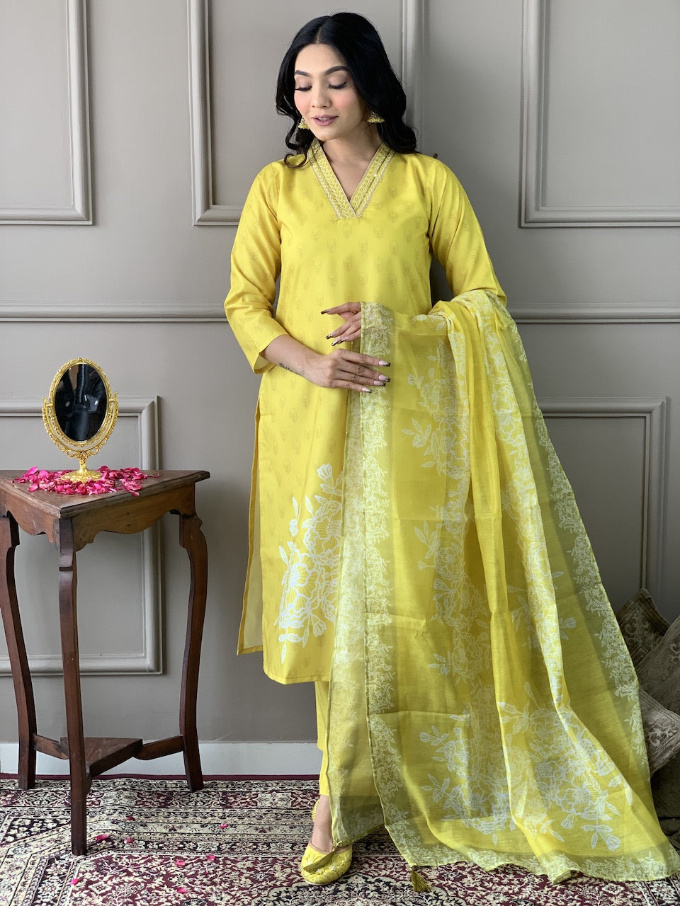Women's Yellow Floral Embroidered Viscose Chanderi Kurta Set with Dupatta, 3/4 Sleeve, Regular Fit