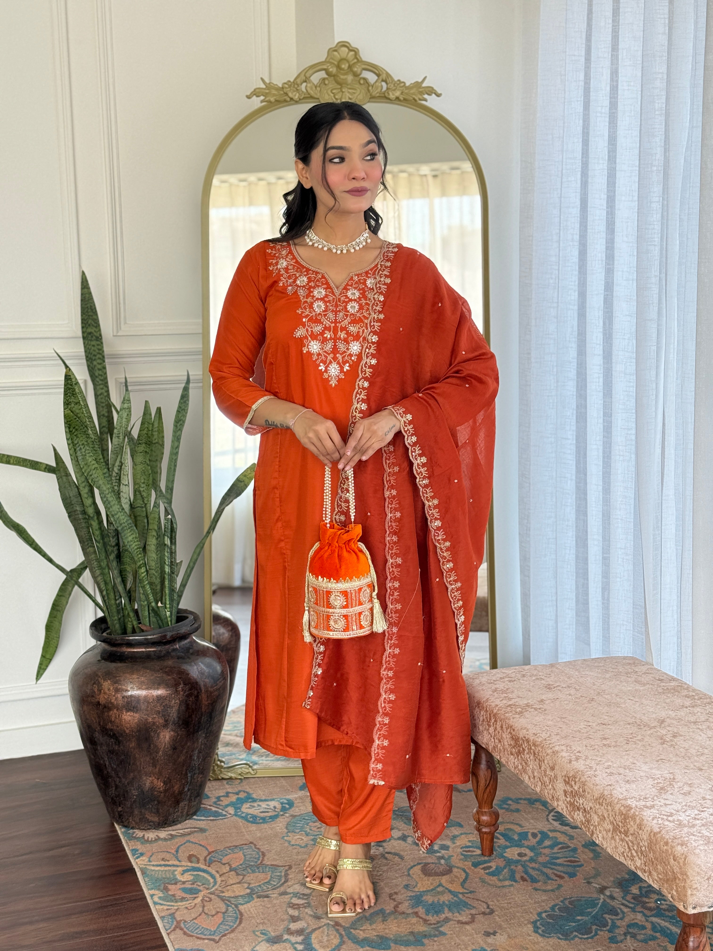 Embroidered Orange  Viscose Chanderi Kurta Set, V-Neck, 3/4 Sleeve, , Regular Fit