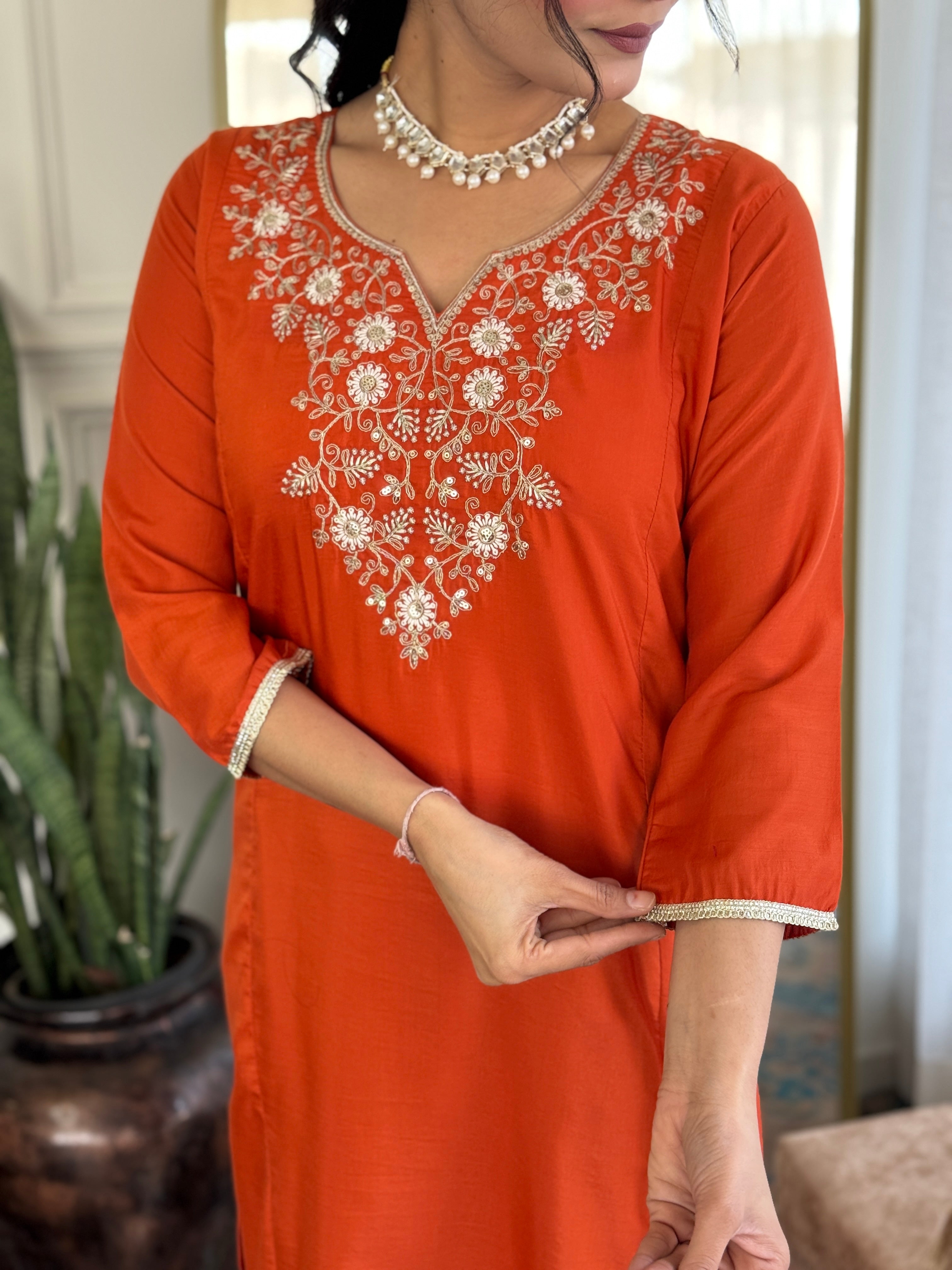 Embroidered Orange  Viscose Chanderi Kurta Set, V-Neck, 3/4 Sleeve, , Regular Fit
