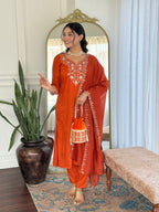Embroidered Orange  Viscose Chanderi Kurta Set, V-Neck, 3/4 Sleeve, , Regular Fit