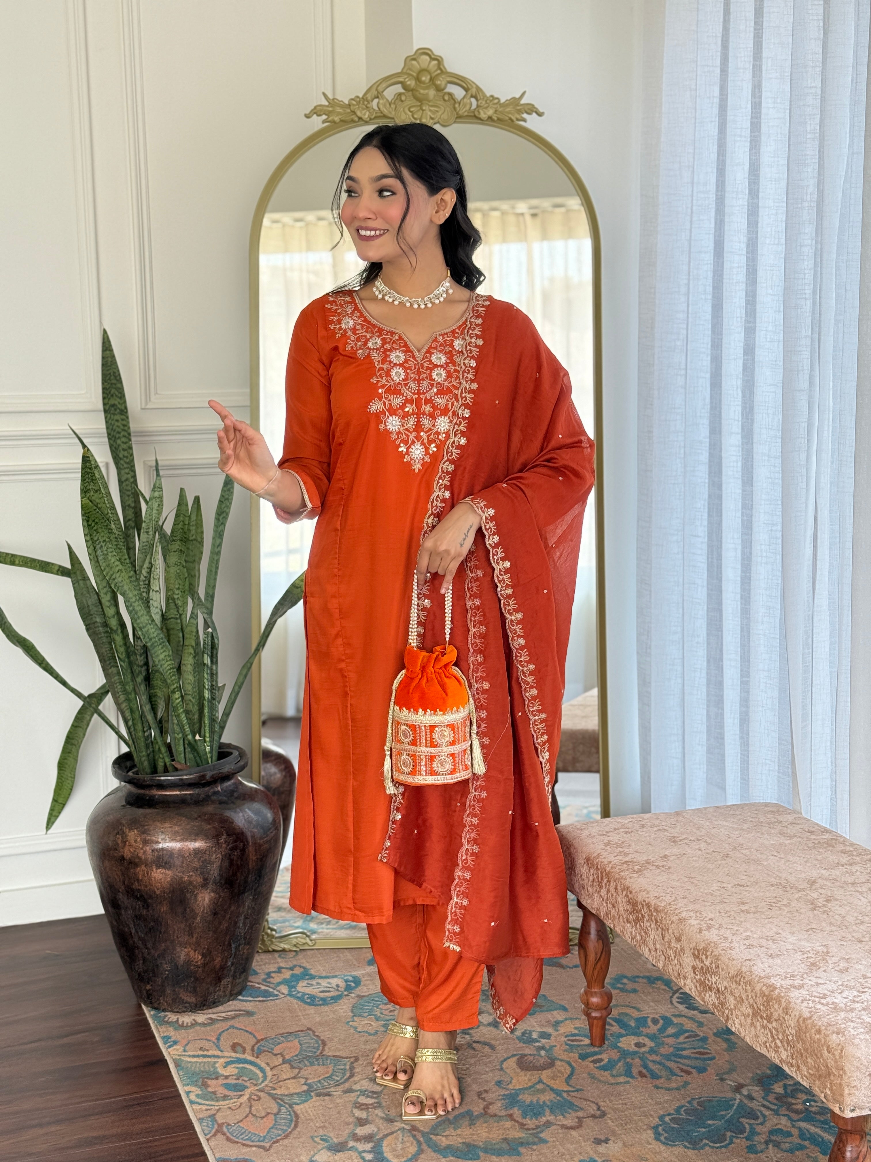 Embroidered Orange  Viscose Chanderi Kurta Set, V-Neck, 3/4 Sleeve, , Regular Fit