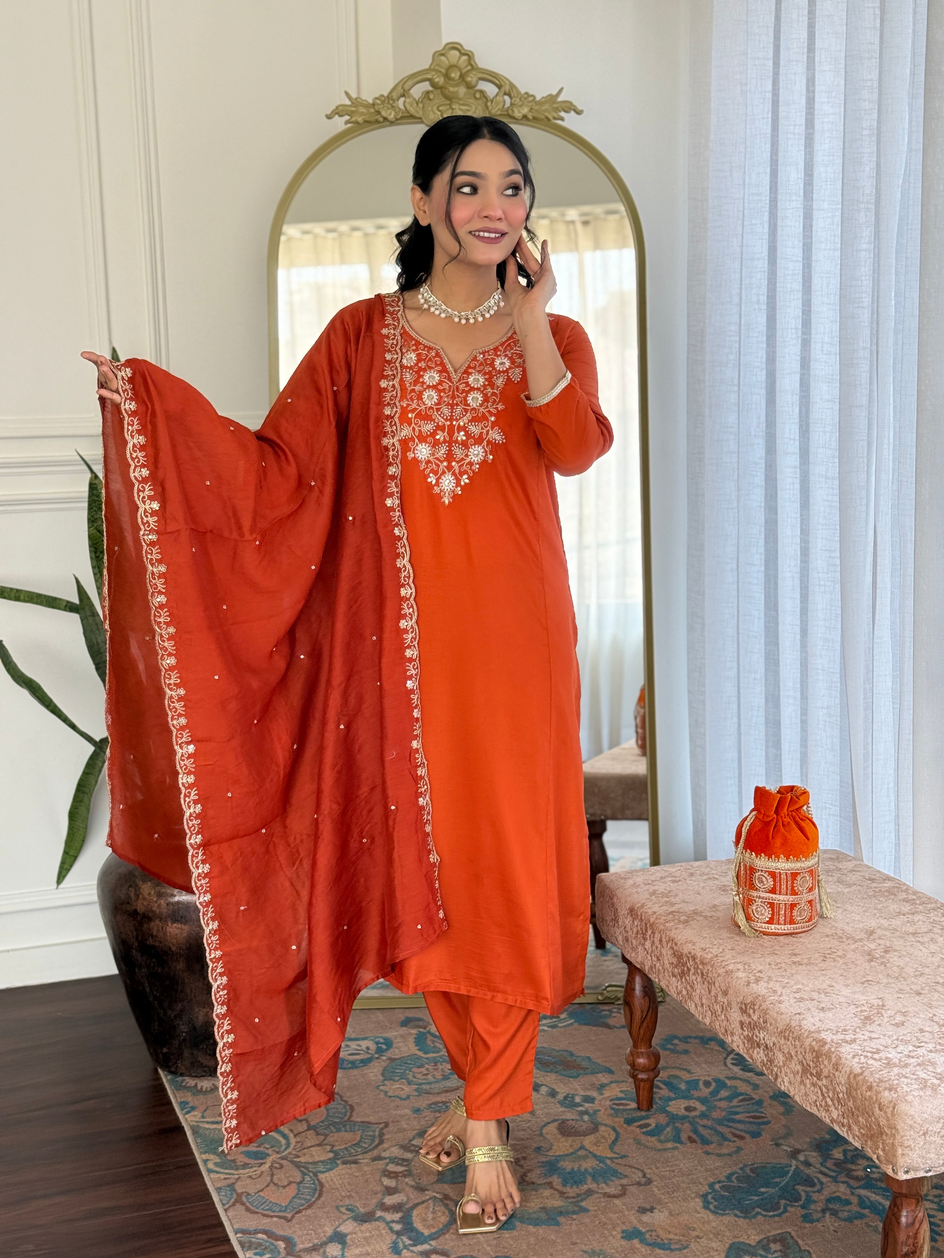 Embroidered Orange  Viscose Chanderi Kurta Set, V-Neck, 3/4 Sleeve, , Regular Fit