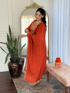 Embroidered Orange  Viscose Chanderi Kurta Set, V-Neck, 3/4 Sleeve, , Regular Fit