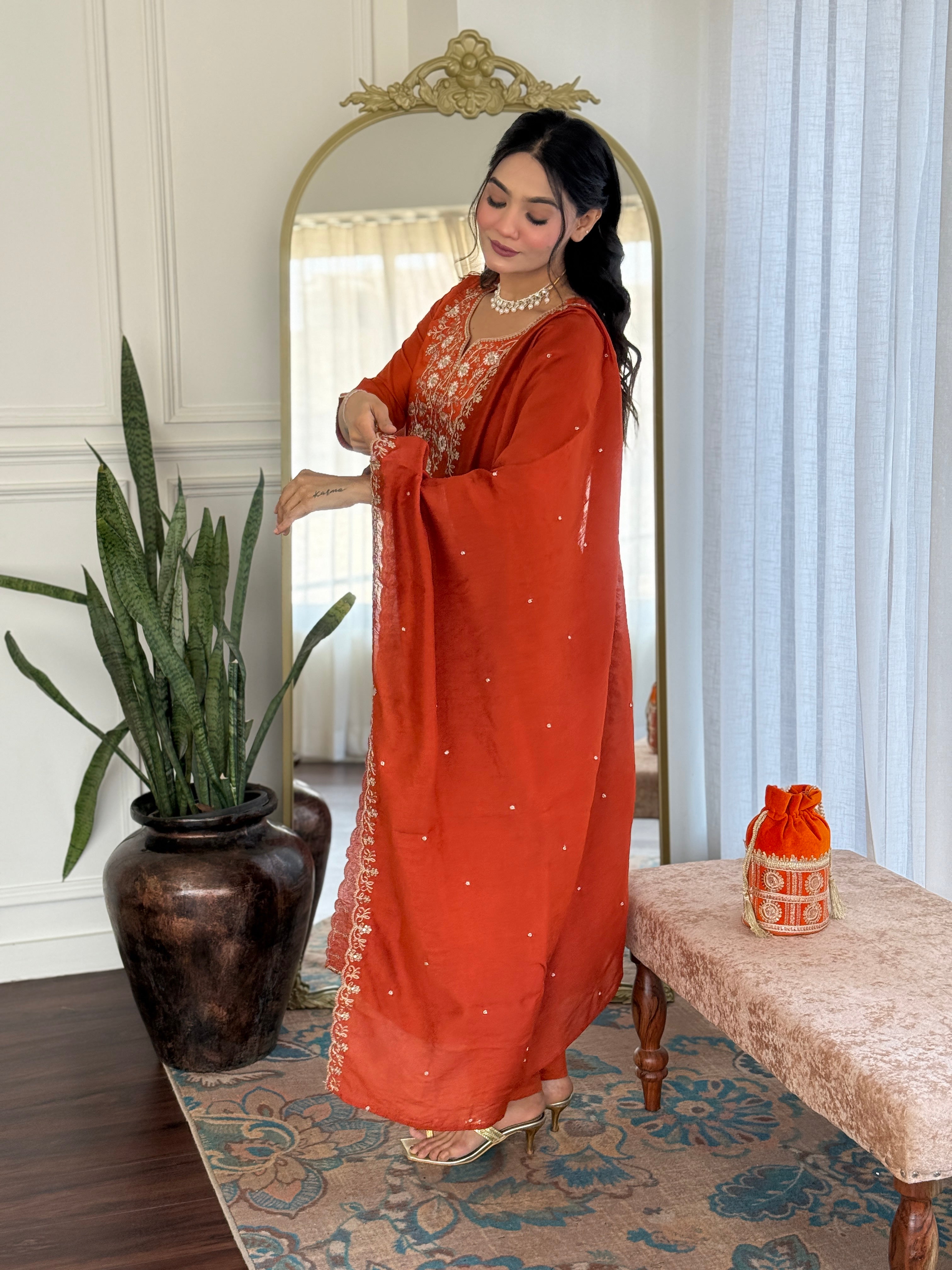 Embroidered Orange  Viscose Chanderi Kurta Set, V-Neck, 3/4 Sleeve, , Regular Fit