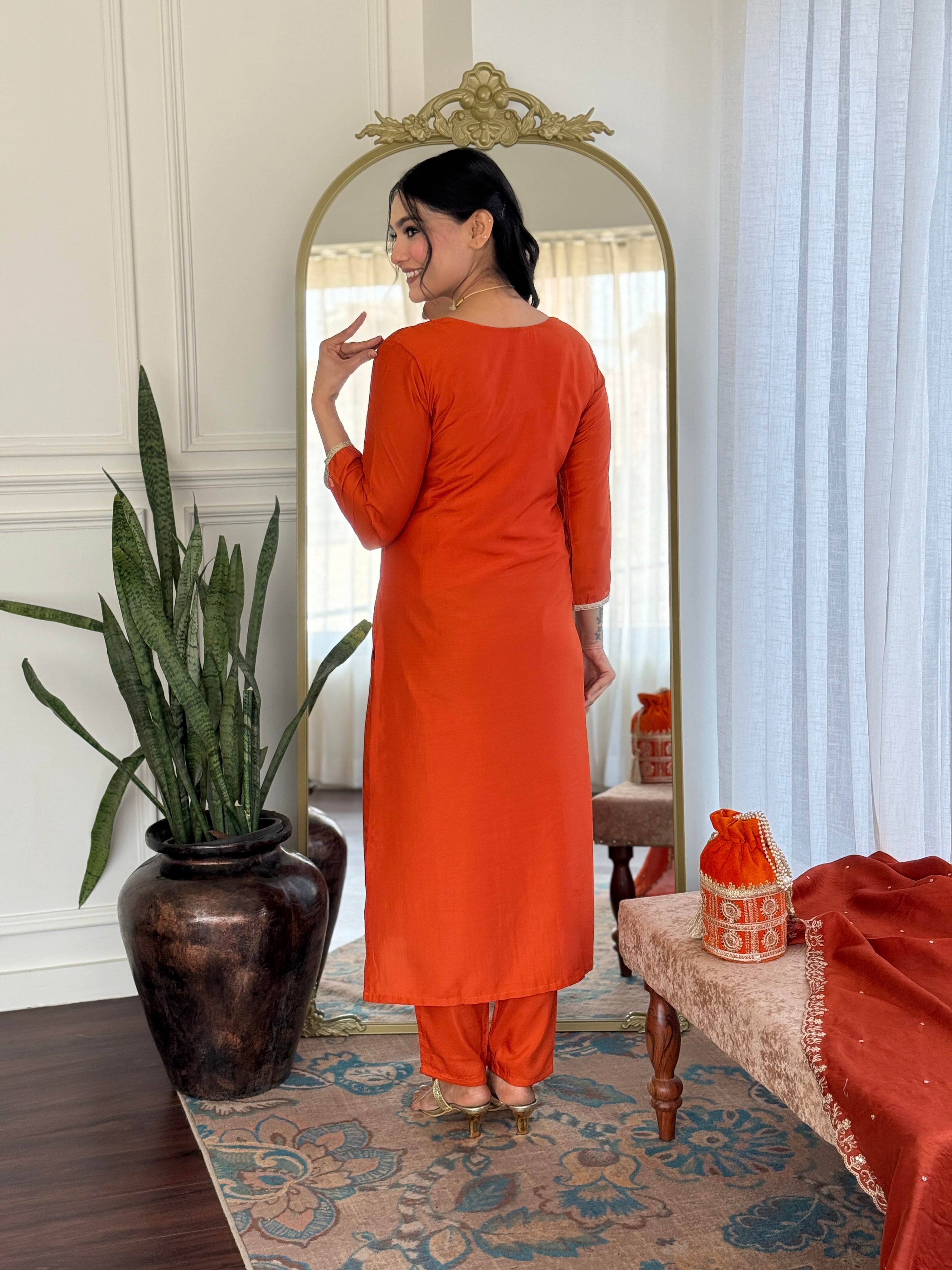 Embroidered Orange  Viscose Chanderi Kurta Set, V-Neck, 3/4 Sleeve, , Regular Fit