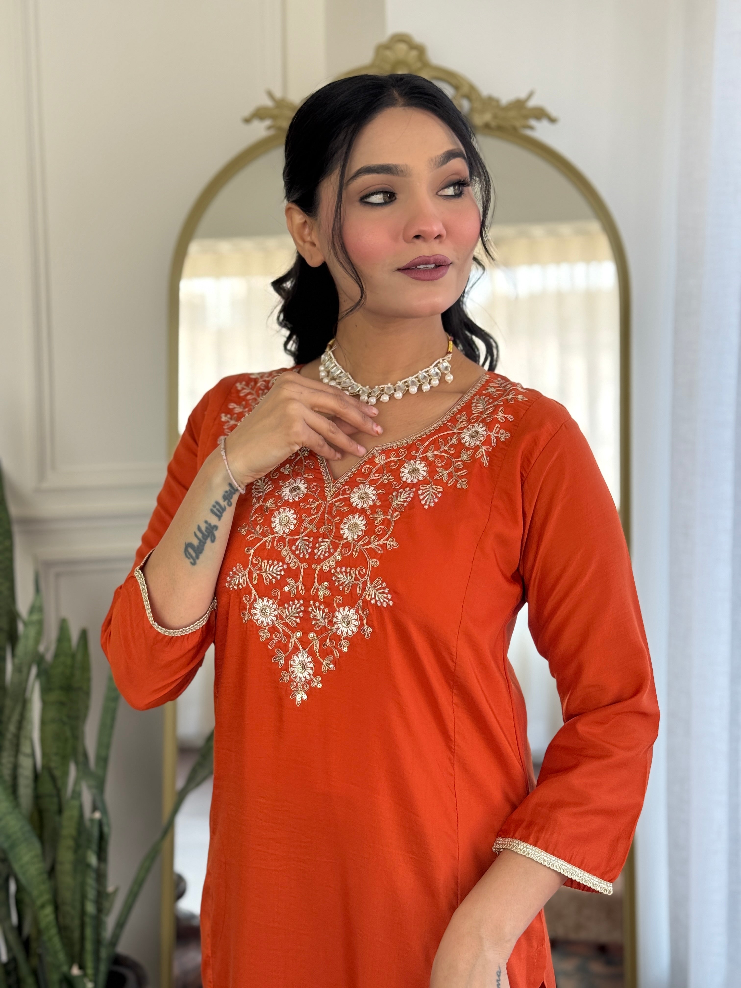 Embroidered Orange  Viscose Chanderi Kurta Set, V-Neck, 3/4 Sleeve, , Regular Fit