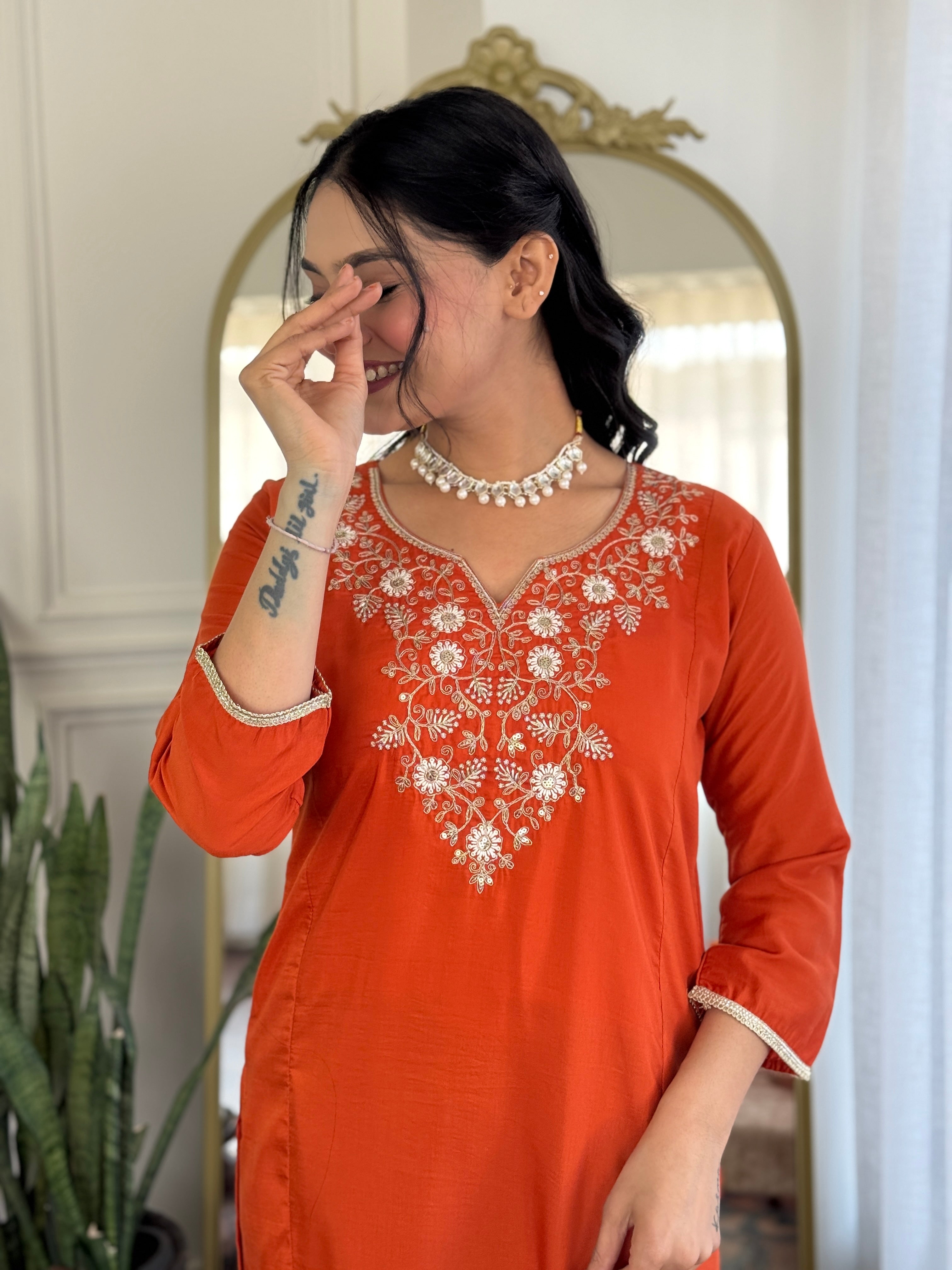 Embroidered Orange  Viscose Chanderi Kurta Set, V-Neck, 3/4 Sleeve, , Regular Fit