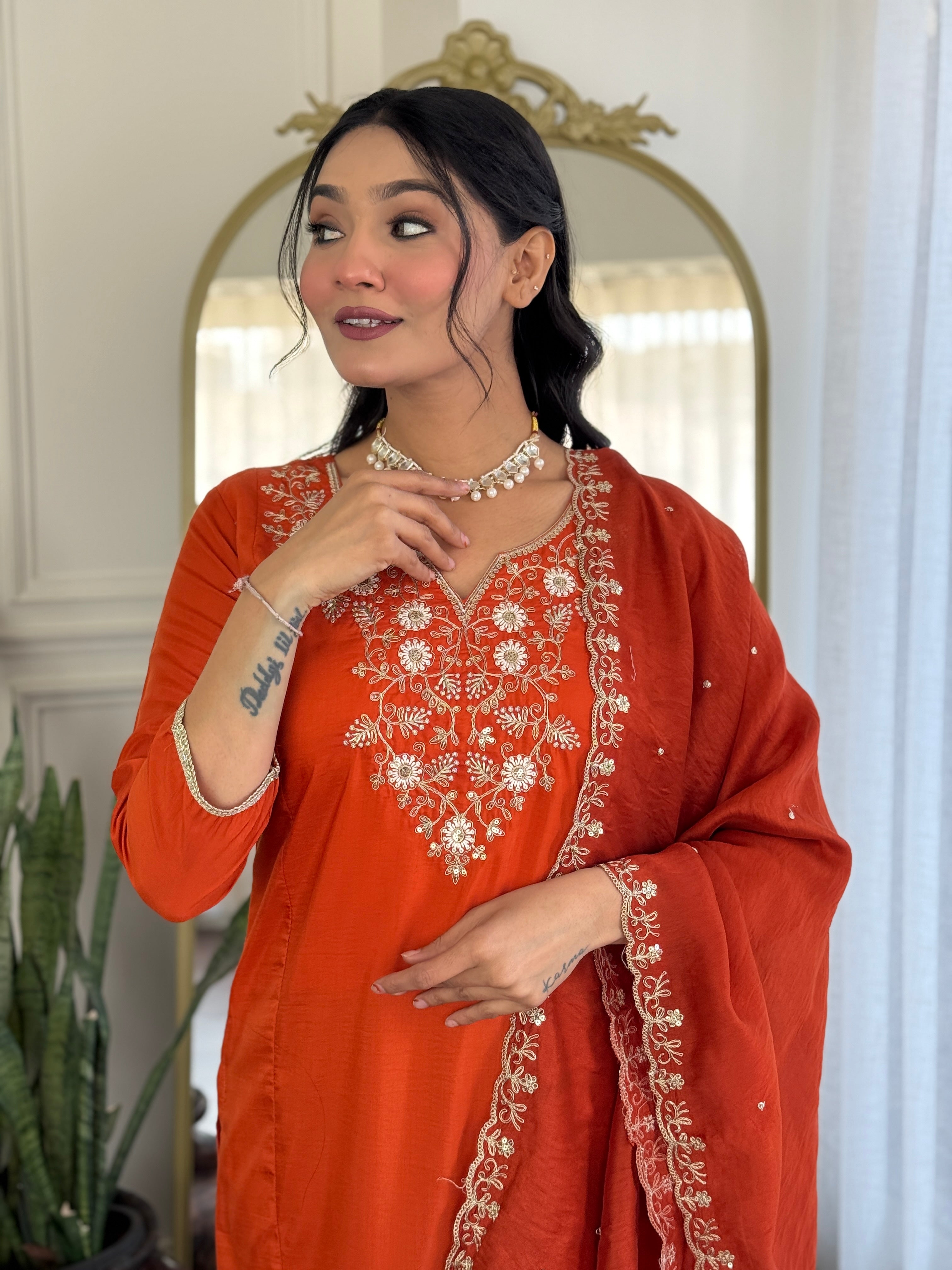 Embroidered Orange  Viscose Chanderi Kurta Set, V-Neck, 3/4 Sleeve, , Regular Fit