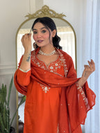 Embroidered Orange  Viscose Chanderi Kurta Set, V-Neck, 3/4 Sleeve, , Regular Fit