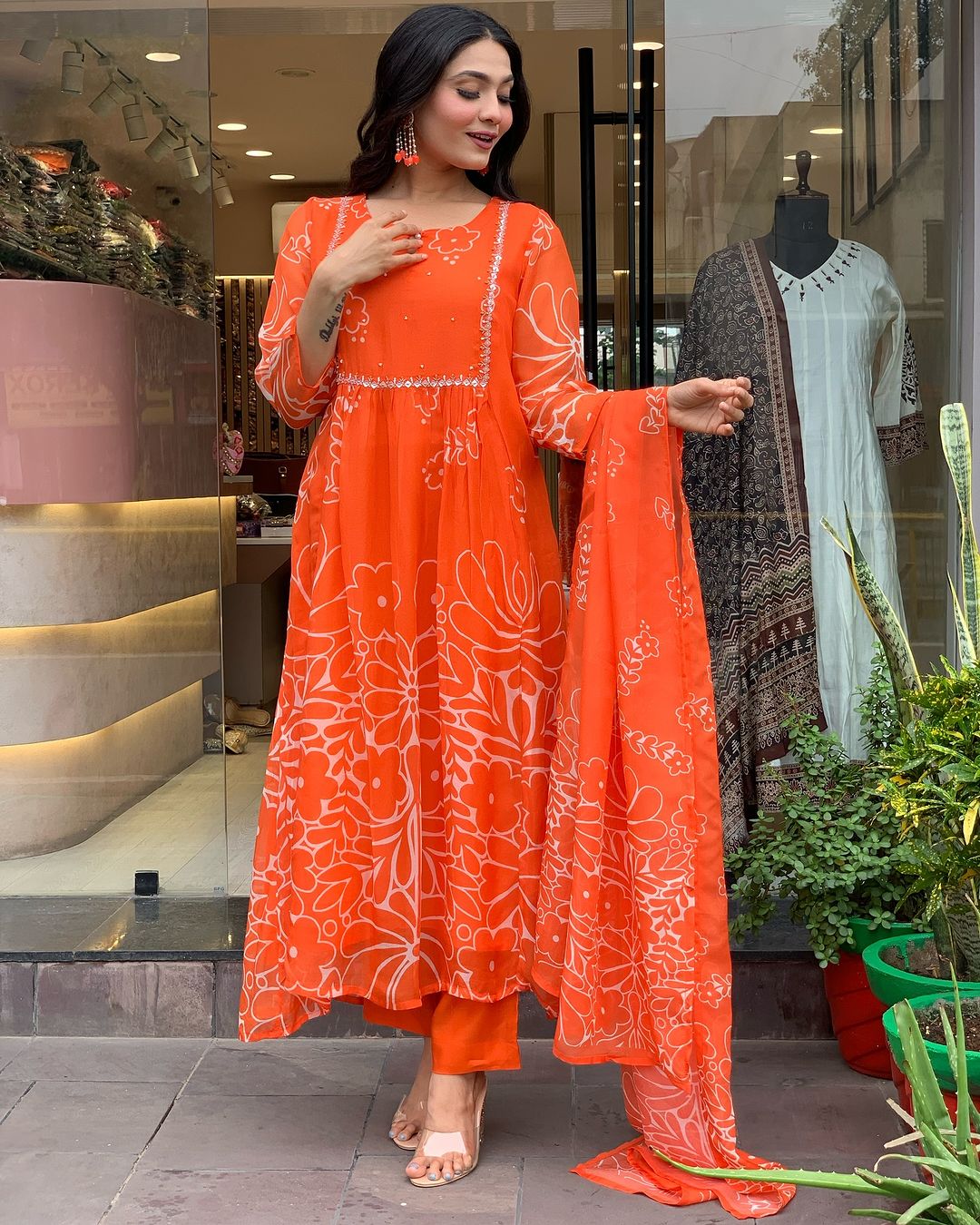 Women's Orange Floral Print Anarkali Kurta Set with Dupatta, Long Bell Sleeves,Georgette