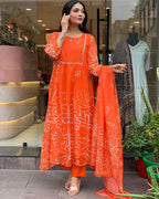 Women's Orange Floral Print Anarkali Kurta Set with Dupatta, Long Bell Sleeves,Georgette