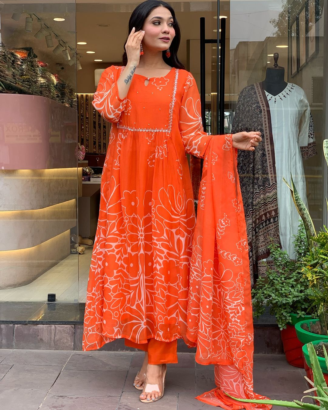 Women's Orange Floral Print Anarkali Kurta Set with Dupatta, Long Bell Sleeves,Georgette