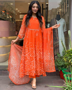 Women's Orange Floral Print Anarkali Kurta Set with Dupatta, Long Bell Sleeves,Georgette