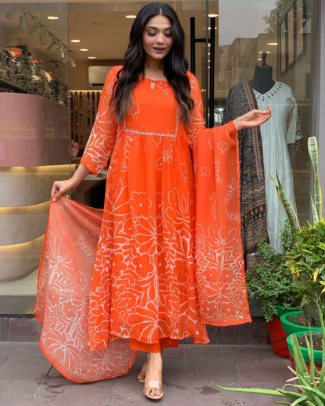 Women's Orange Floral Print Anarkali Kurta Set with Dupatta, Long Bell Sleeves,Georgette