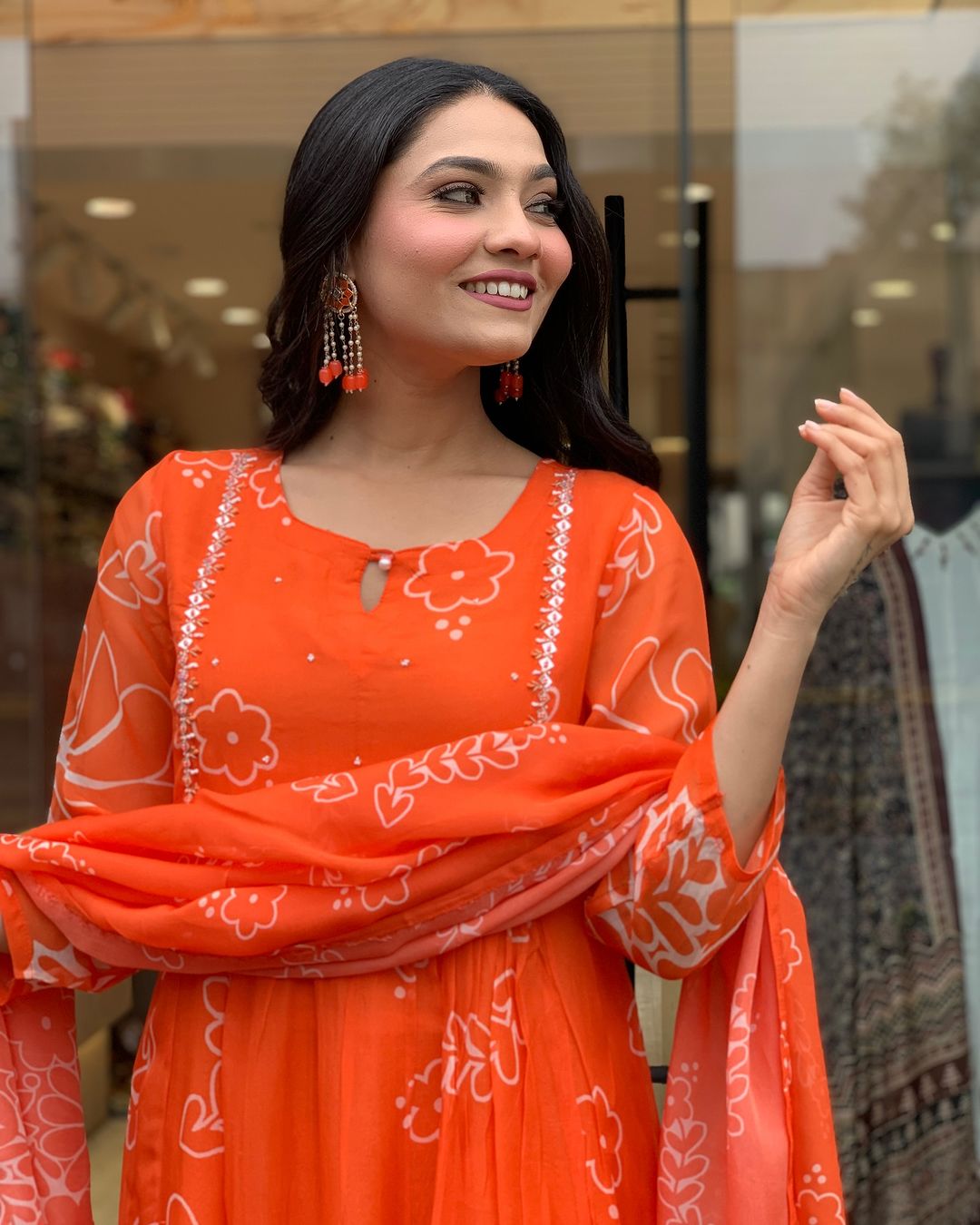 Women's Orange Floral Print Anarkali Kurta Set with Dupatta, Long Bell Sleeves,Georgette