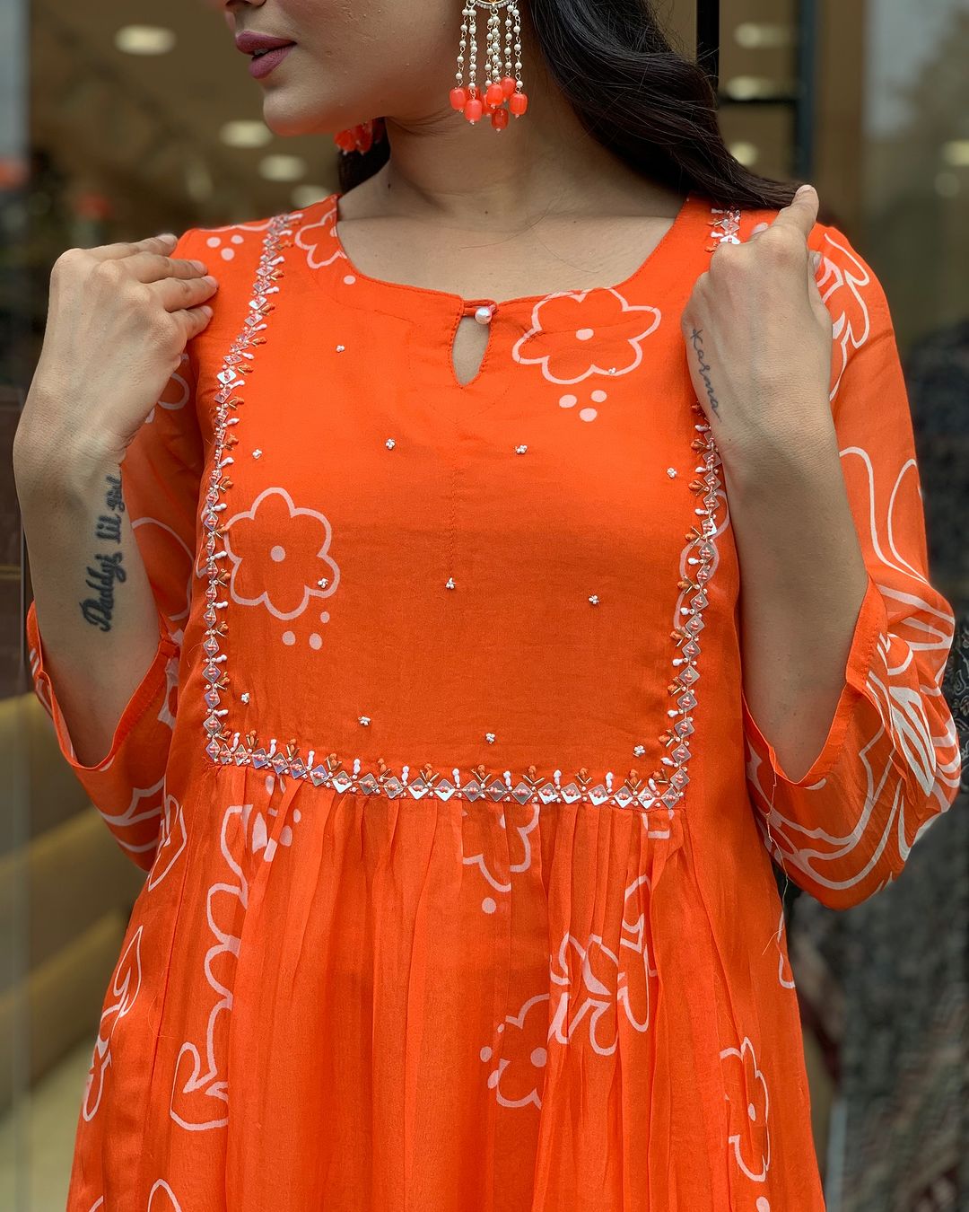 Women's Orange Floral Print Anarkali Kurta Set with Dupatta, Long Bell Sleeves,Georgette