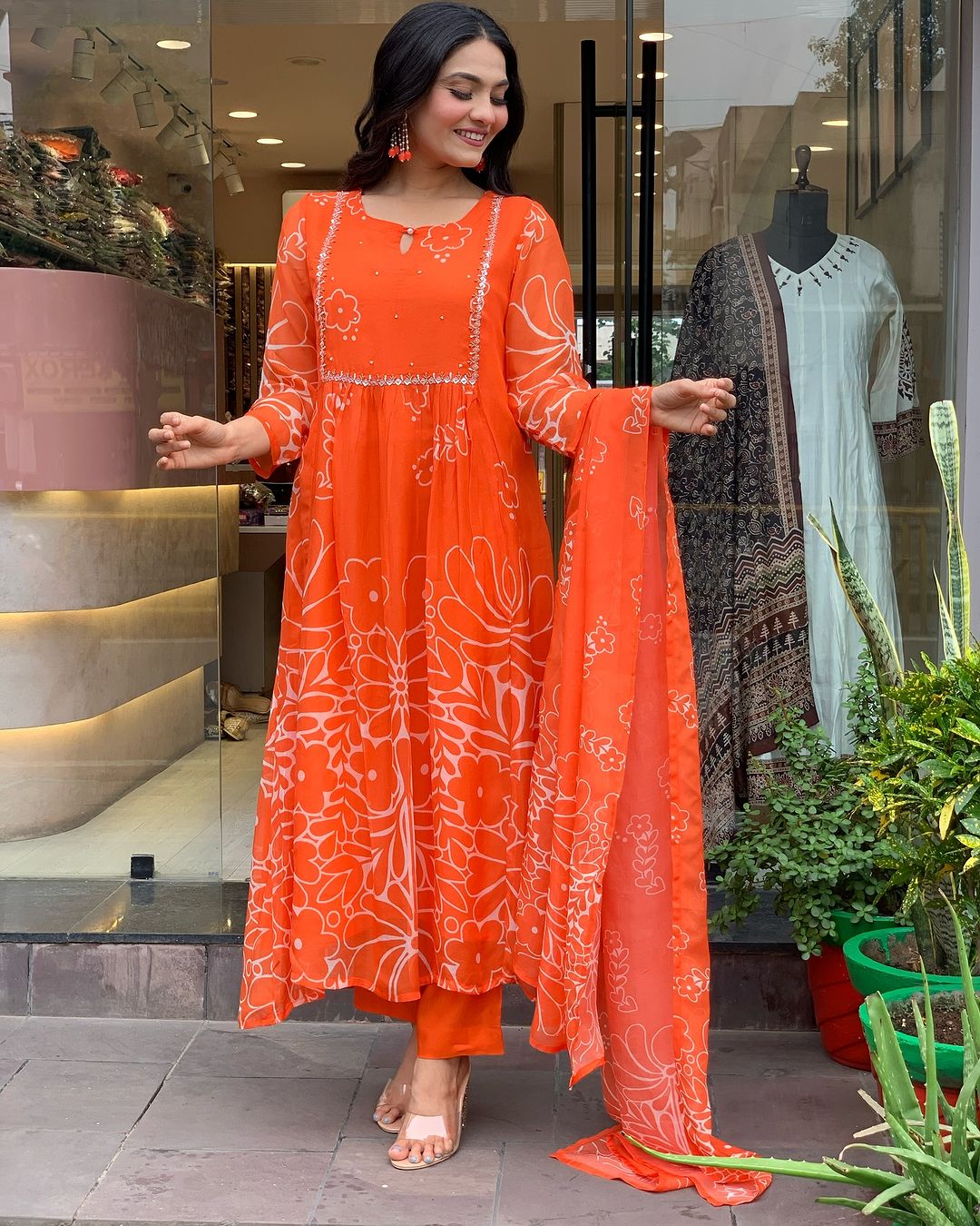 Women's Orange Floral Print Anarkali Kurta Set with Dupatta, Long Bell Sleeves,Georgette