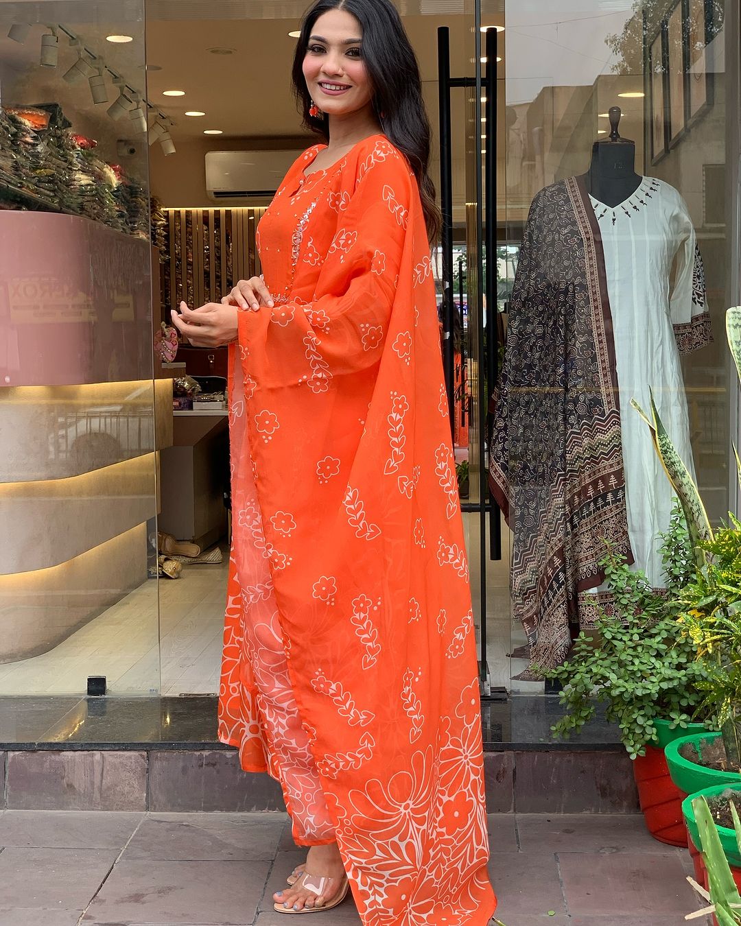 Women's Orange Floral Print Anarkali Kurta Set with Dupatta, Long Bell Sleeves,Georgette
