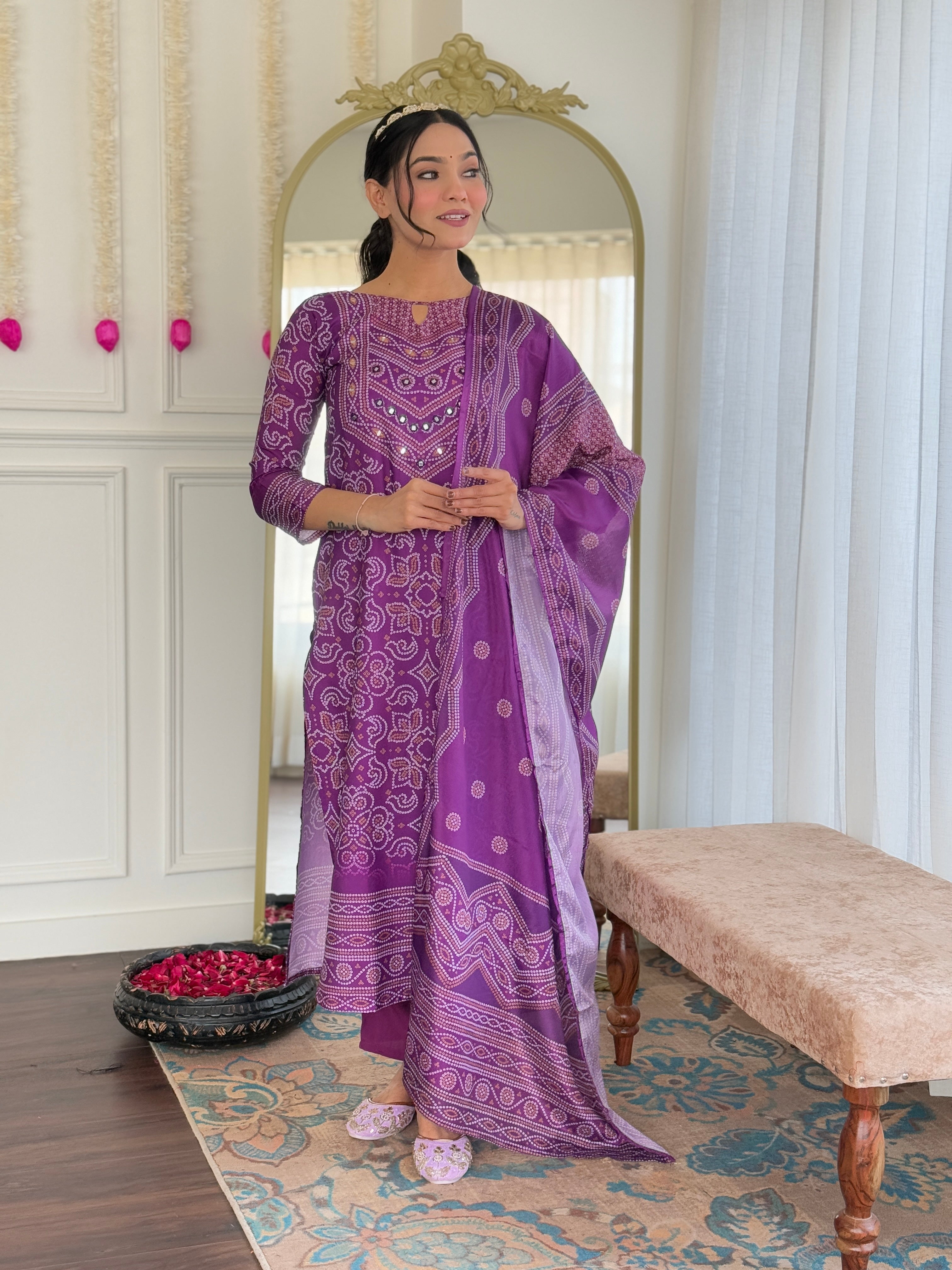 Traditional Purple Bandhani Print Anarkali Suit with Dupatta, Ethnic Indian Wear