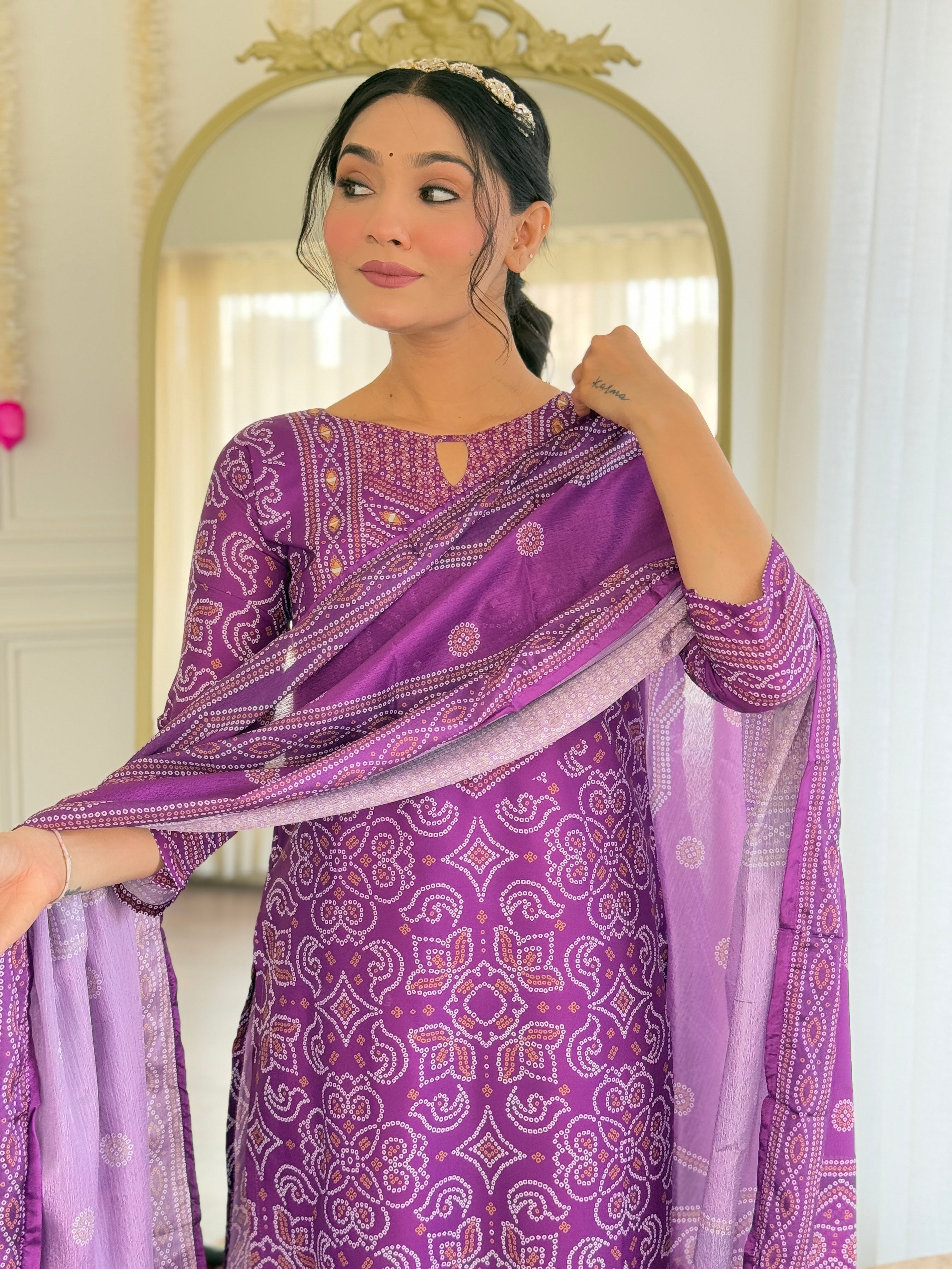 Traditional Purple Bandhani Print Anarkali Suit with Dupatta, Ethnic Indian Wear