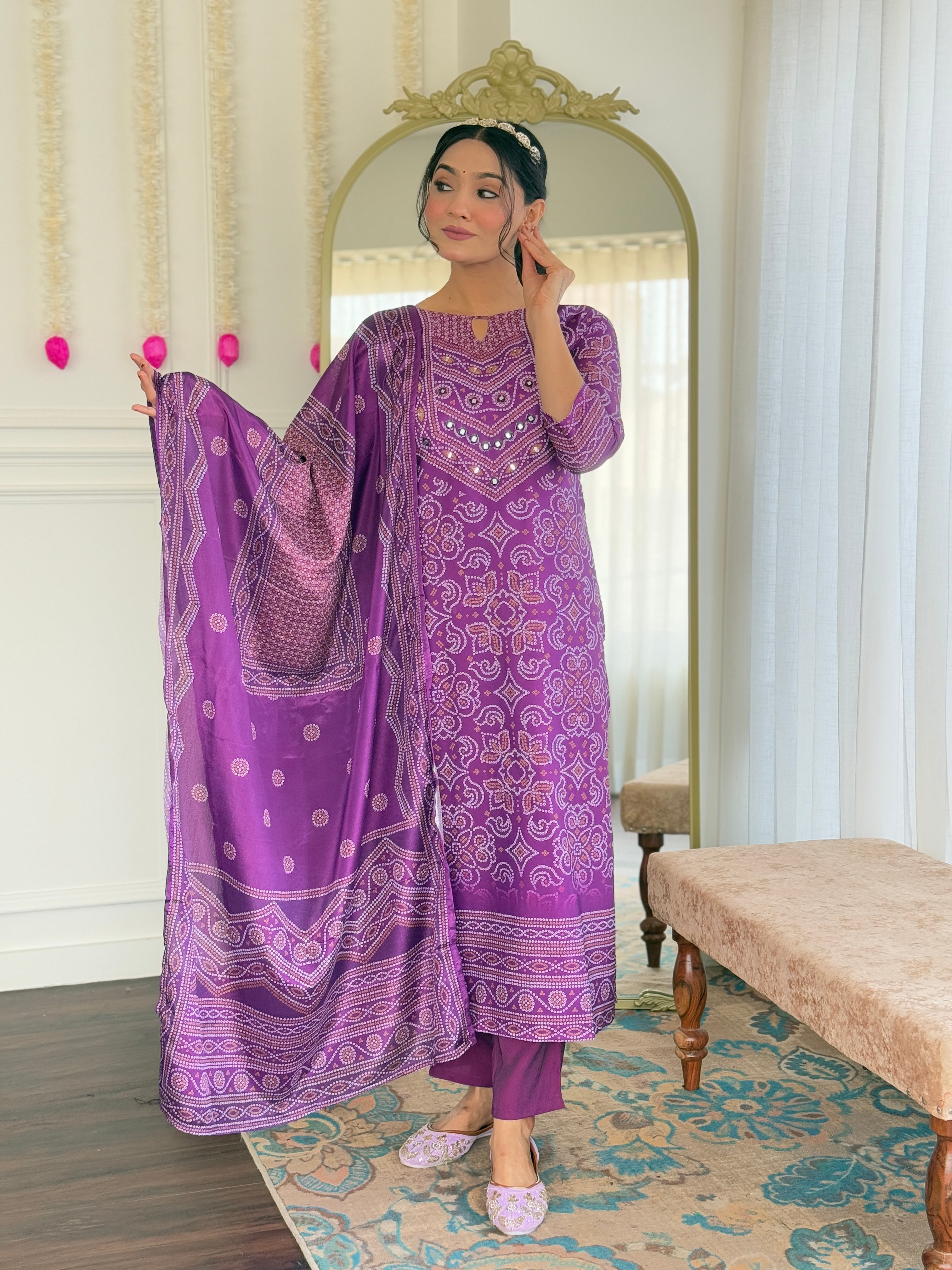 Traditional Purple Bandhani Print Anarkali Suit with Dupatta, Ethnic Indian Wear