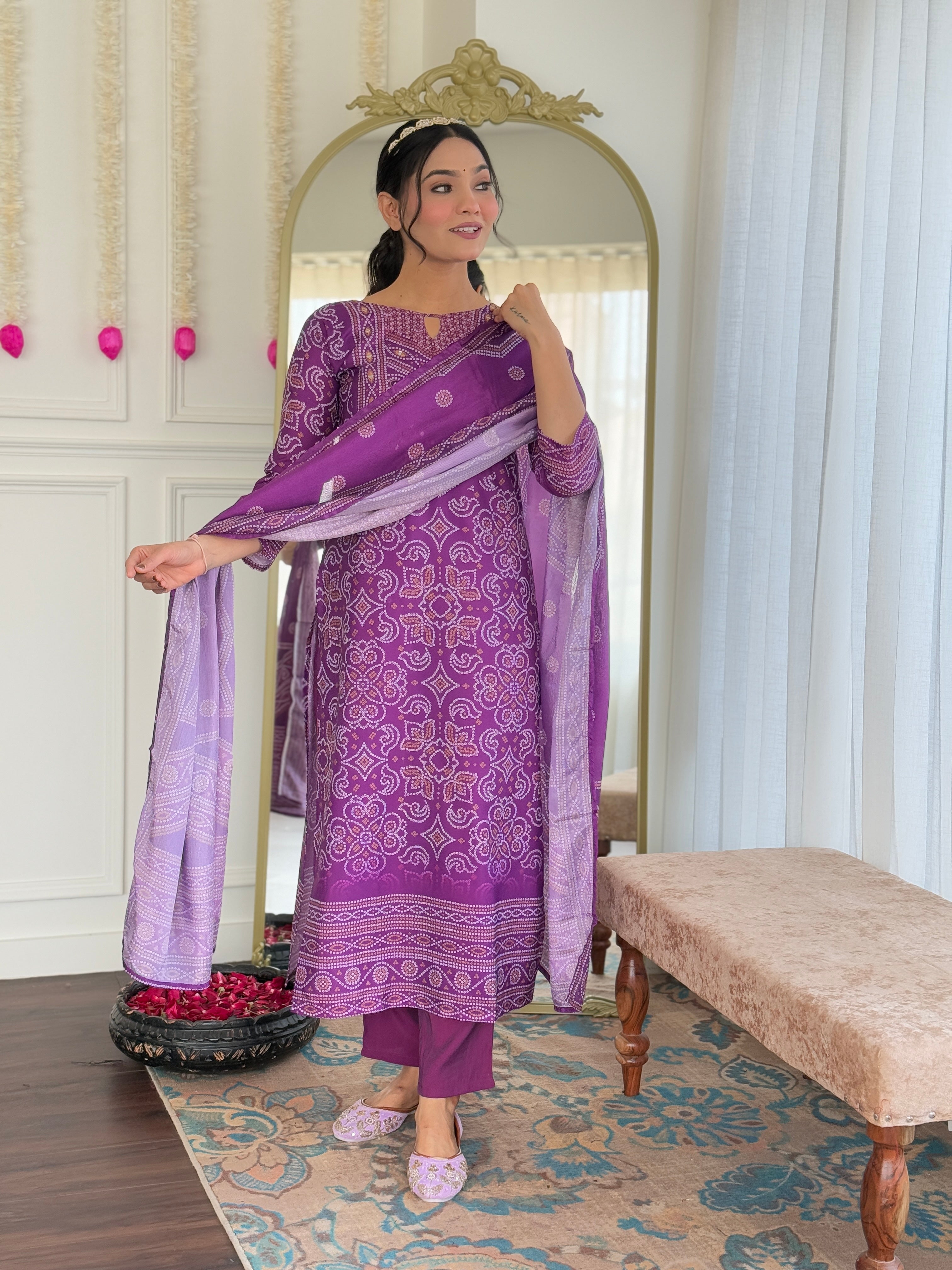 Traditional Purple Bandhani Print Anarkali Suit with Dupatta, Ethnic Indian Wear