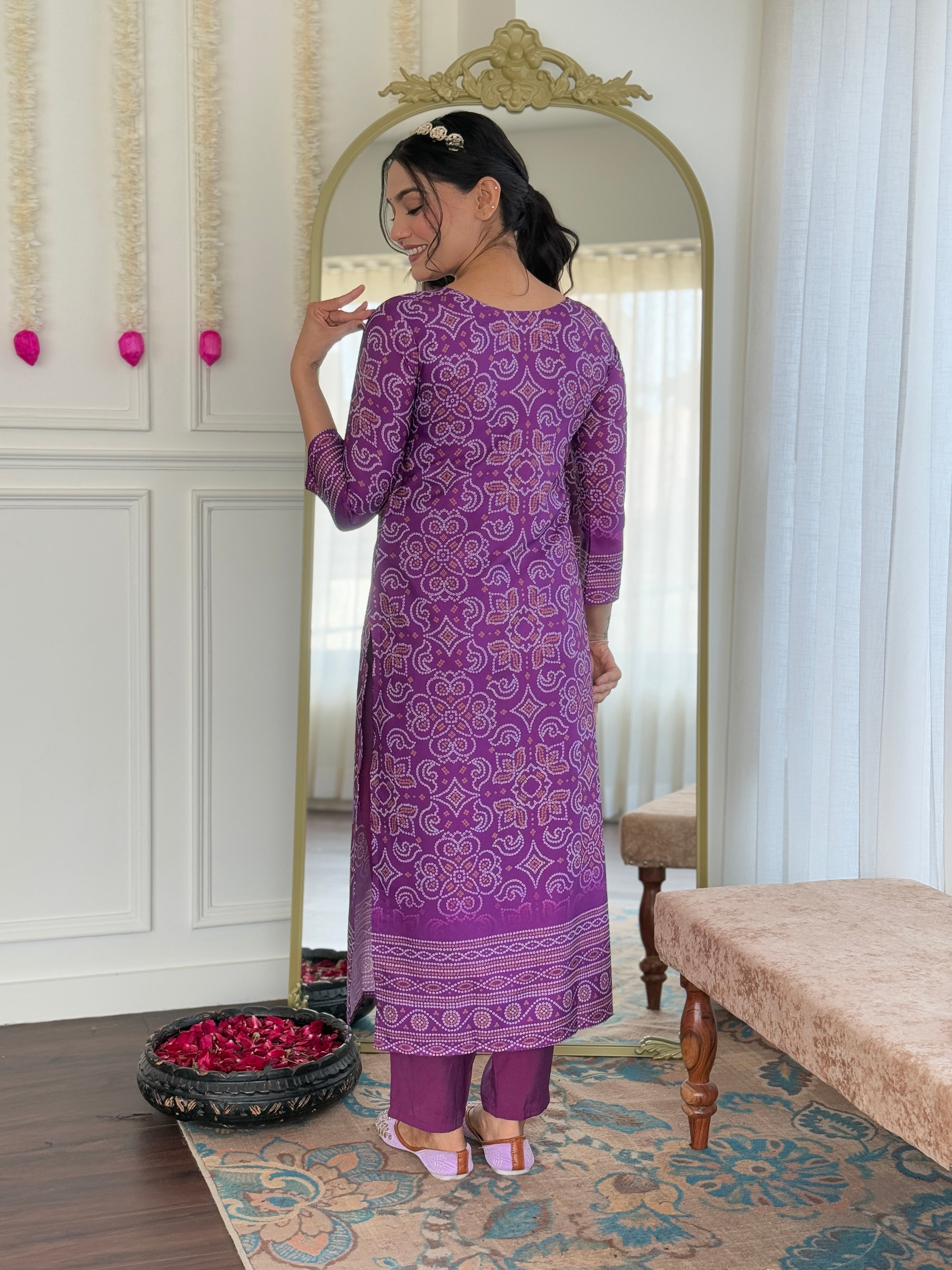 Traditional Purple Bandhani Print Anarkali Suit with Dupatta, Ethnic Indian Wear