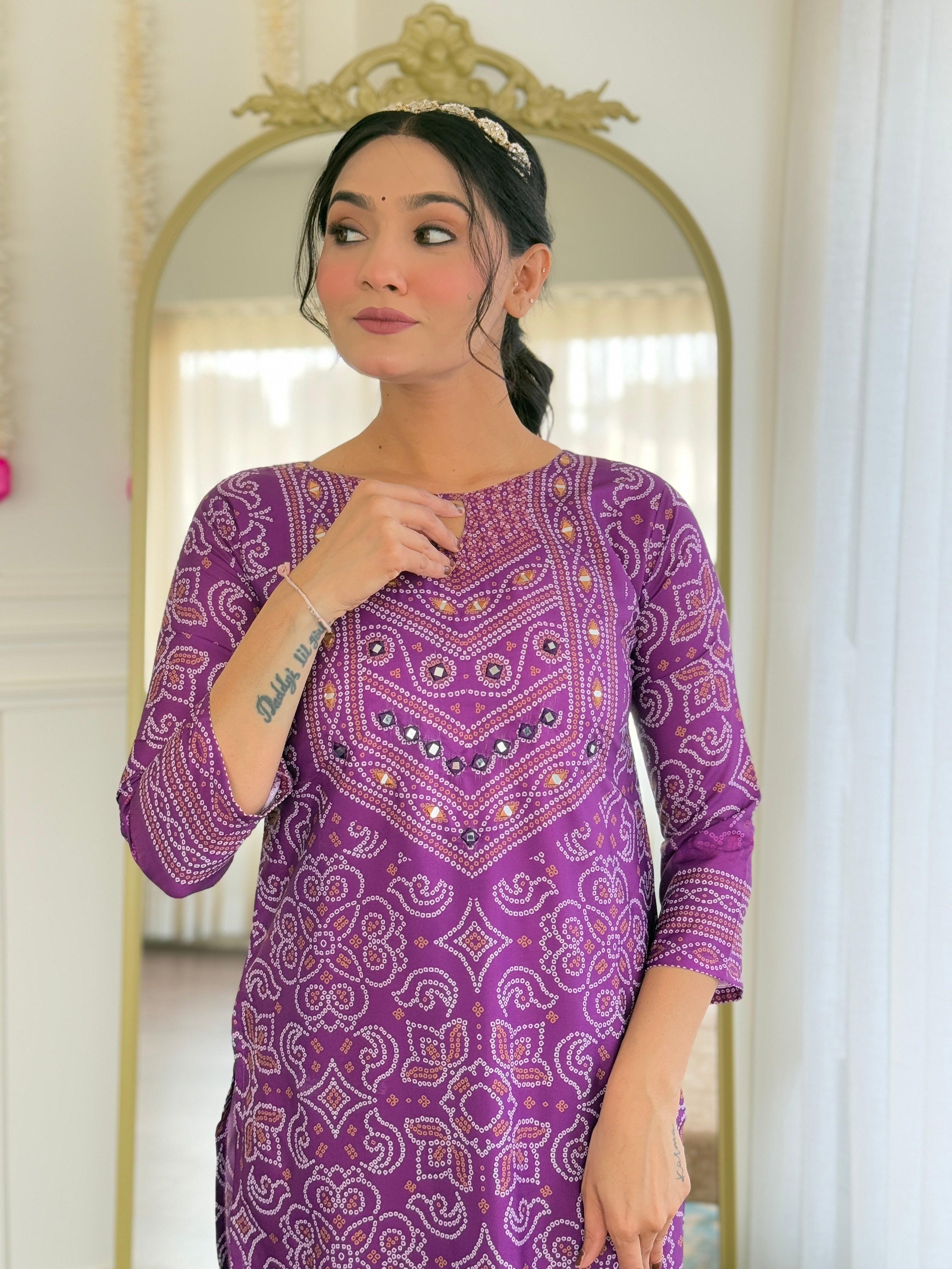 Traditional Purple Bandhani Print Anarkali Suit with Dupatta, Ethnic Indian Wear
