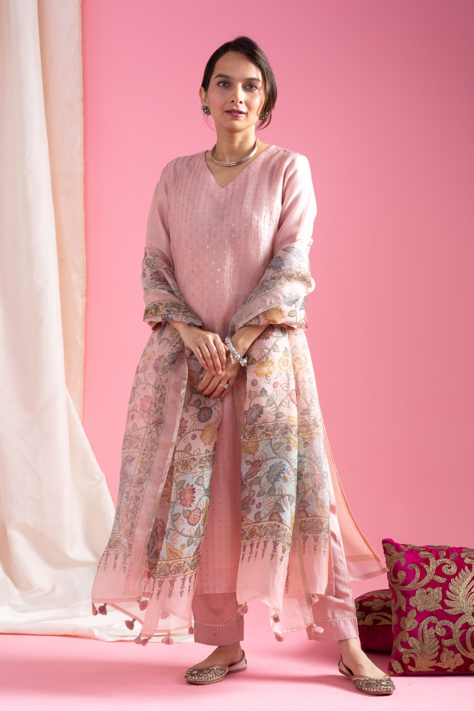 Women's Pink Sequined Kurta Set with Floral Printed Dupatta, V-Neck, 3-Piece Traditional Ethnic Wear