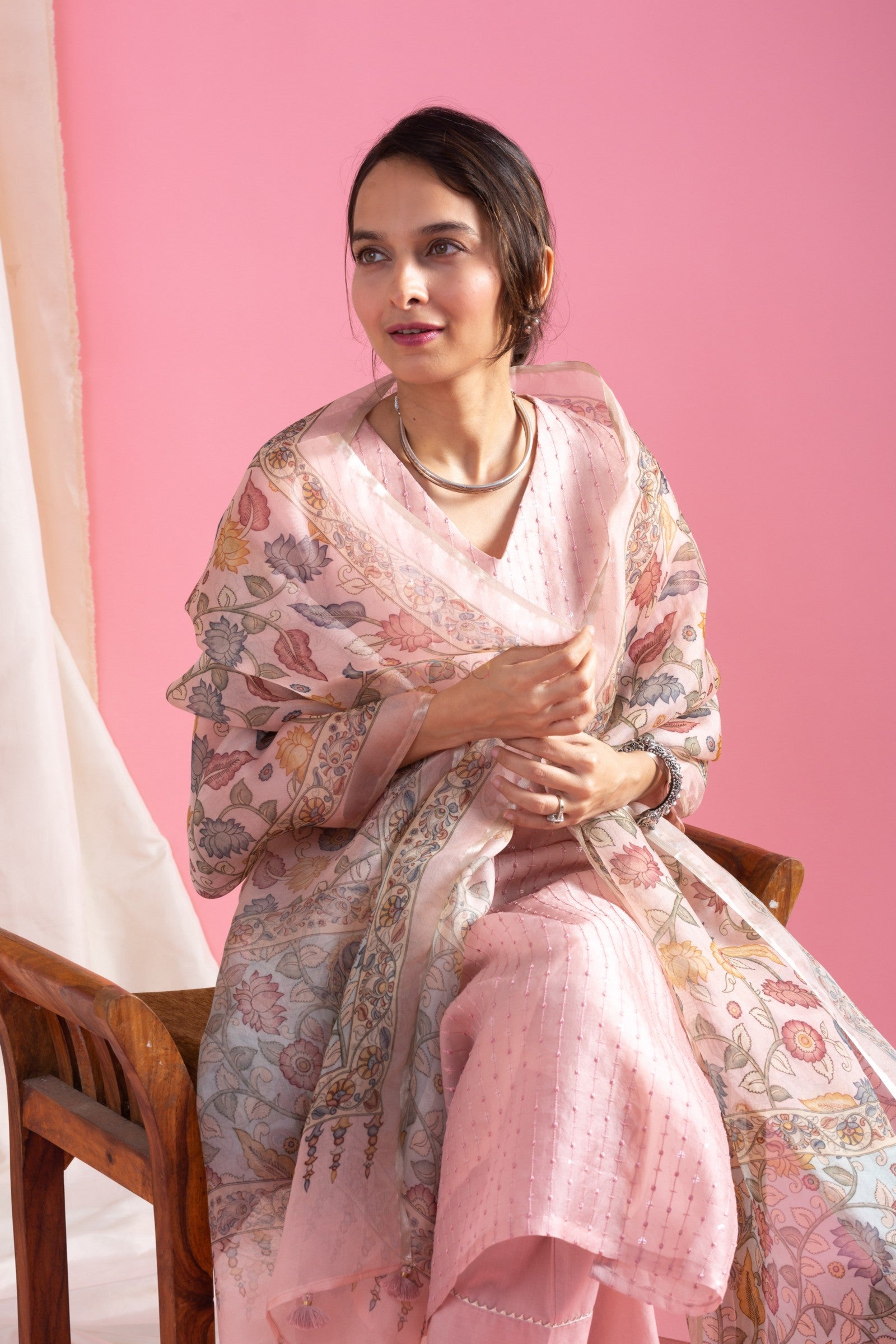 Women's Pink Sequined Kurta Set with Floral Printed Dupatta, V-Neck, 3-Piece Traditional Ethnic Wear