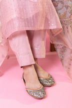 Women's Pink Sequined Kurta Set with Floral Printed Dupatta, V-Neck, 3-Piece Traditional Ethnic Wear