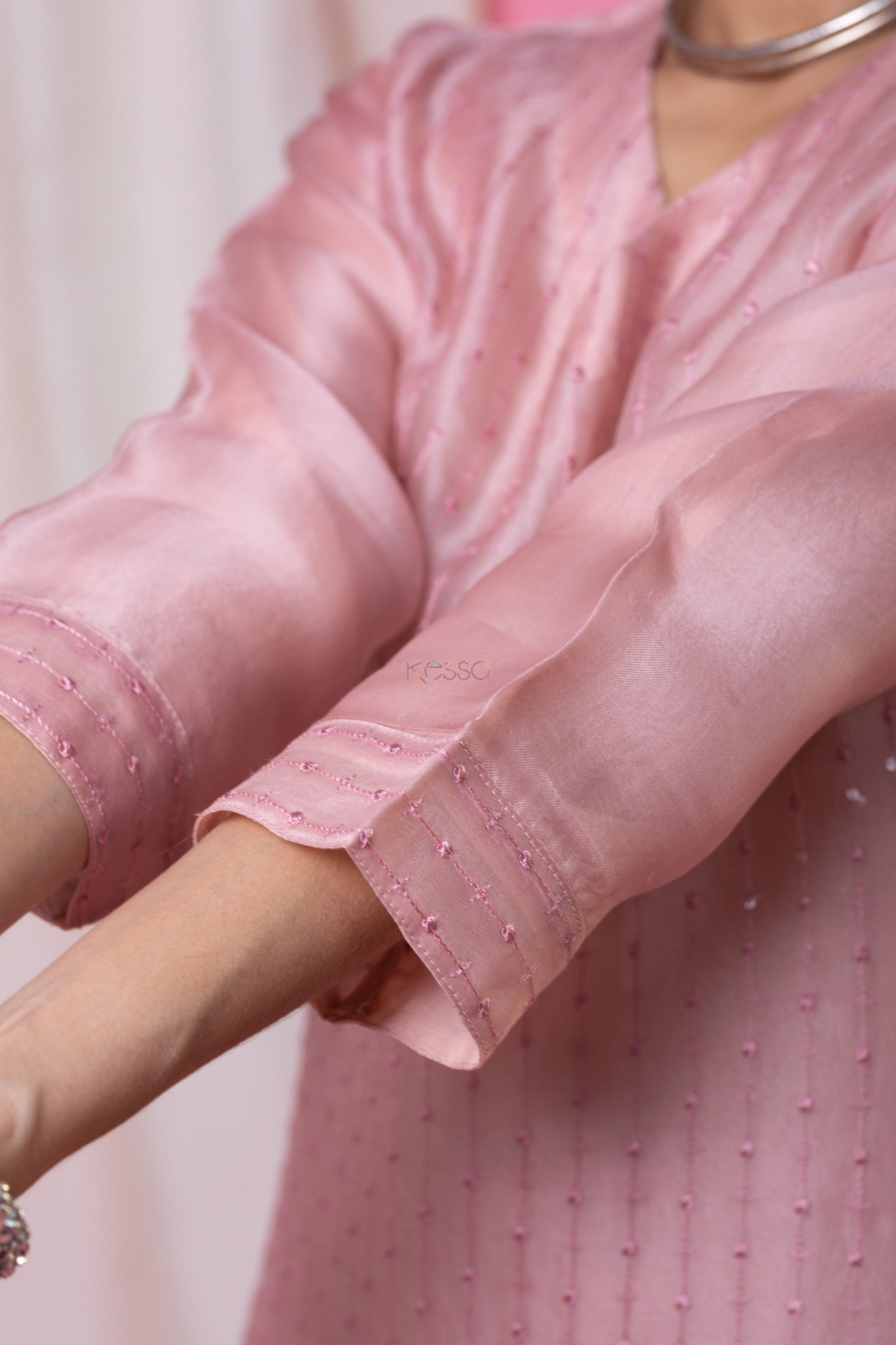 Women's Pink Sequined Kurta Set with Floral Printed Dupatta, V-Neck, 3-Piece Traditional Ethnic Wear
