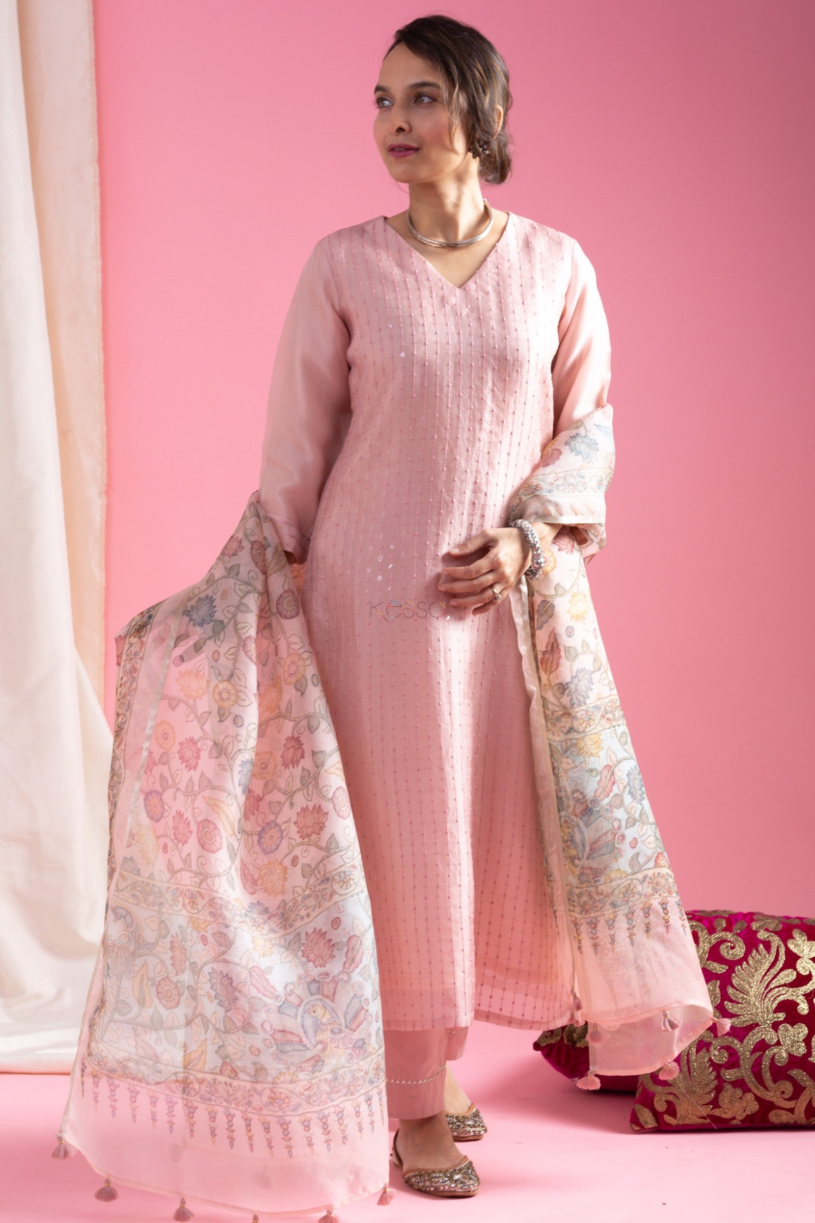 Women's Pink Sequined Kurta Set with Floral Printed Dupatta, V-Neck, 3-Piece Traditional Ethnic Wear