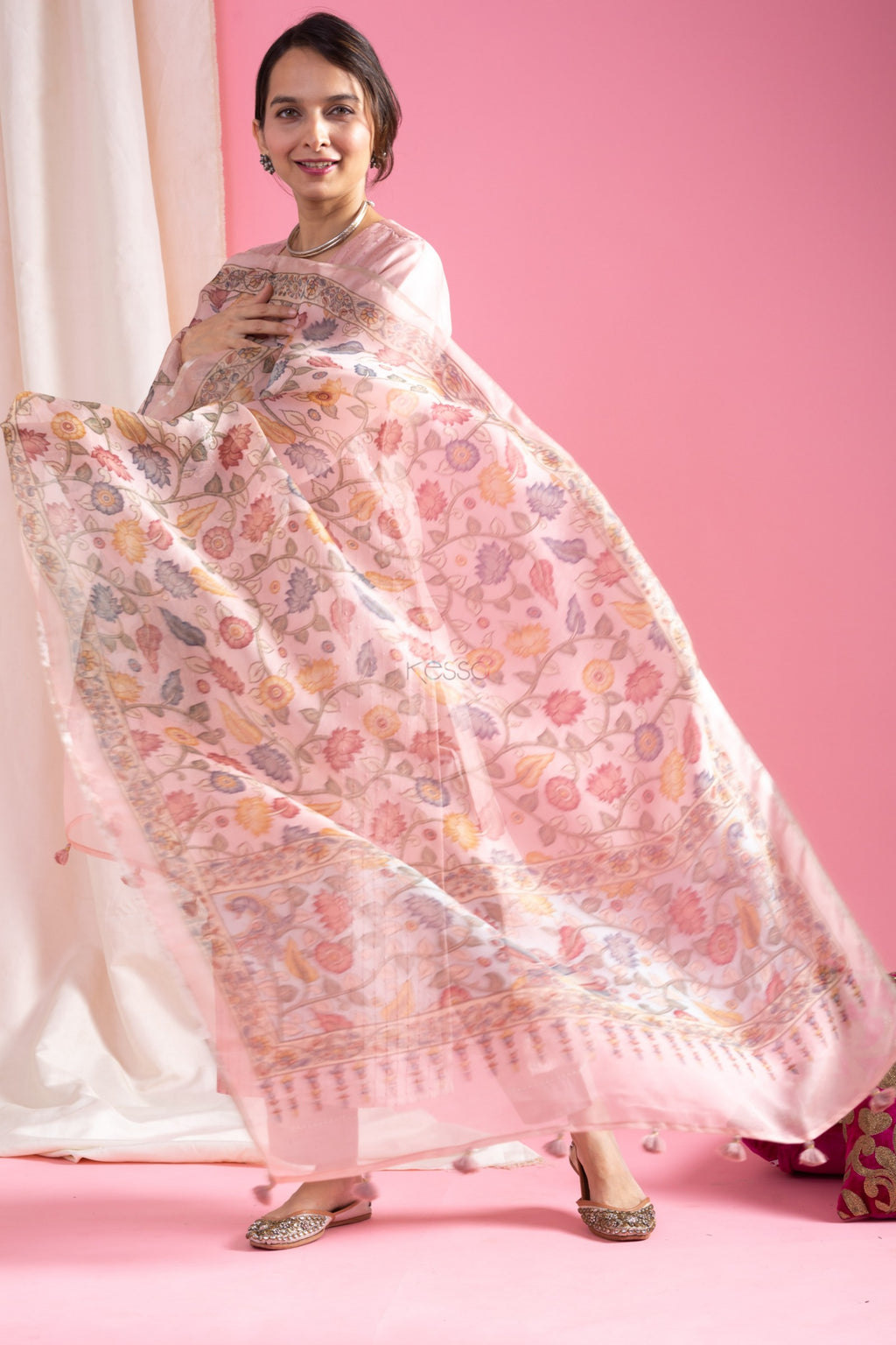 Women's Pink Sequined Kurta Set with Floral Printed Dupatta, V-Neck, 3-Piece Traditional Ethnic Wear