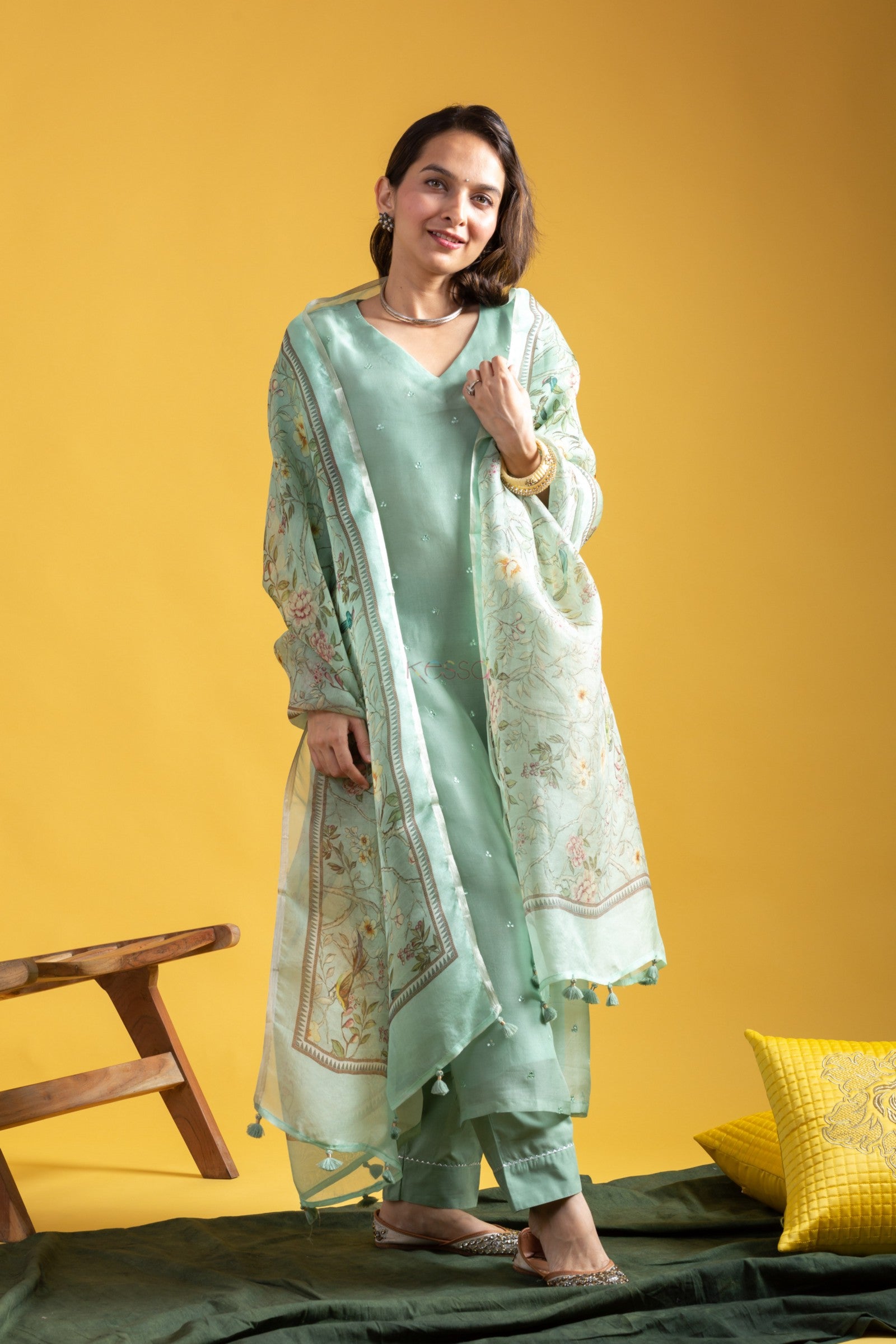Women's Sea Green Embroidered Kurta Set with Floral Dupatta, Traditional Indian Ethnic Wear