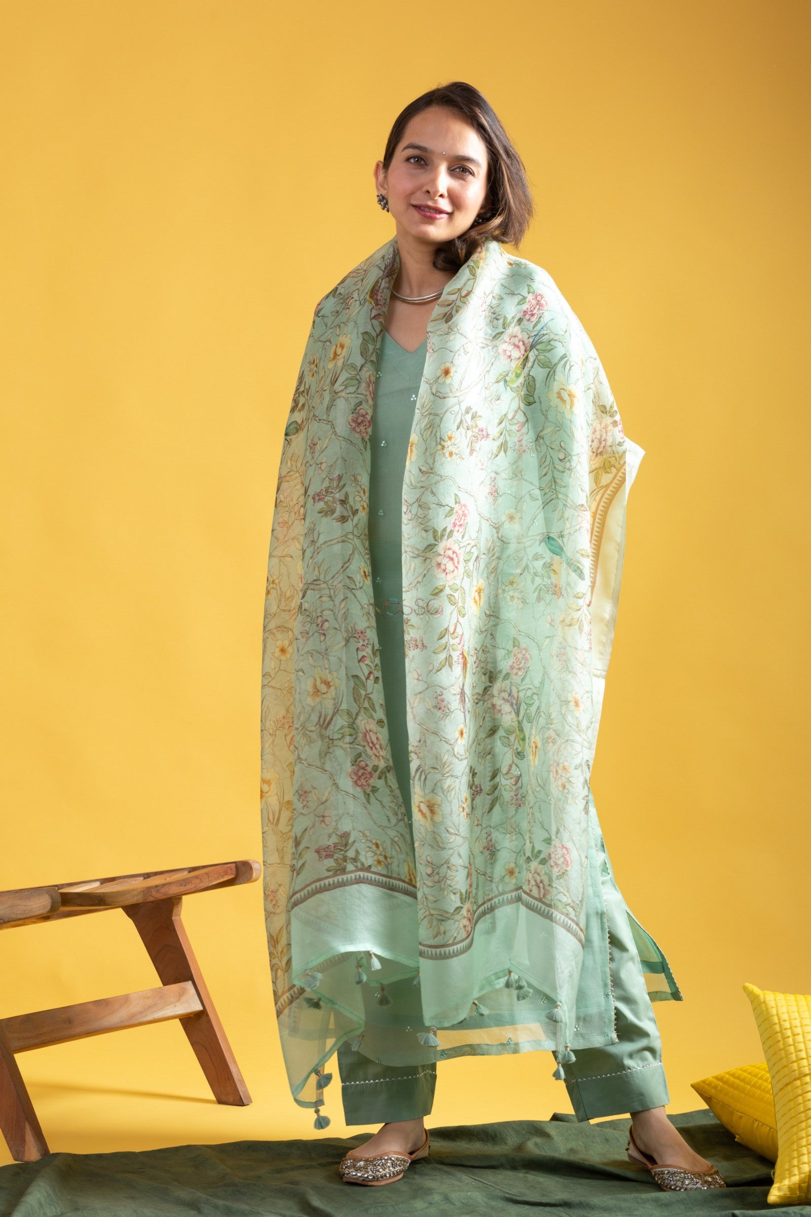 Women's Sea Green Embroidered Kurta Set with Floral Dupatta, Traditional Indian Ethnic Wear