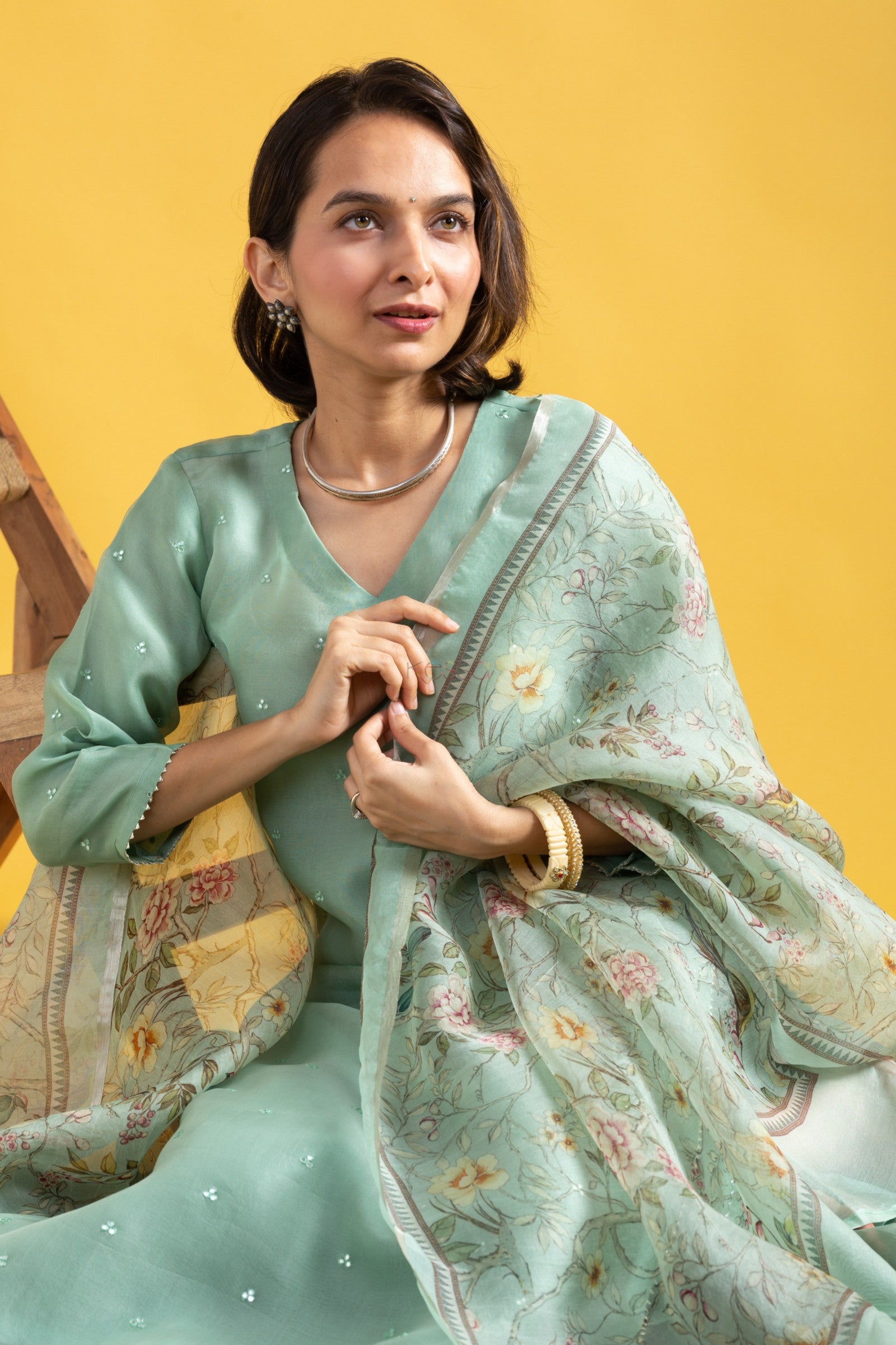 Women's Sea Green Embroidered Kurta Set with Floral Dupatta, Traditional Indian Ethnic Wear