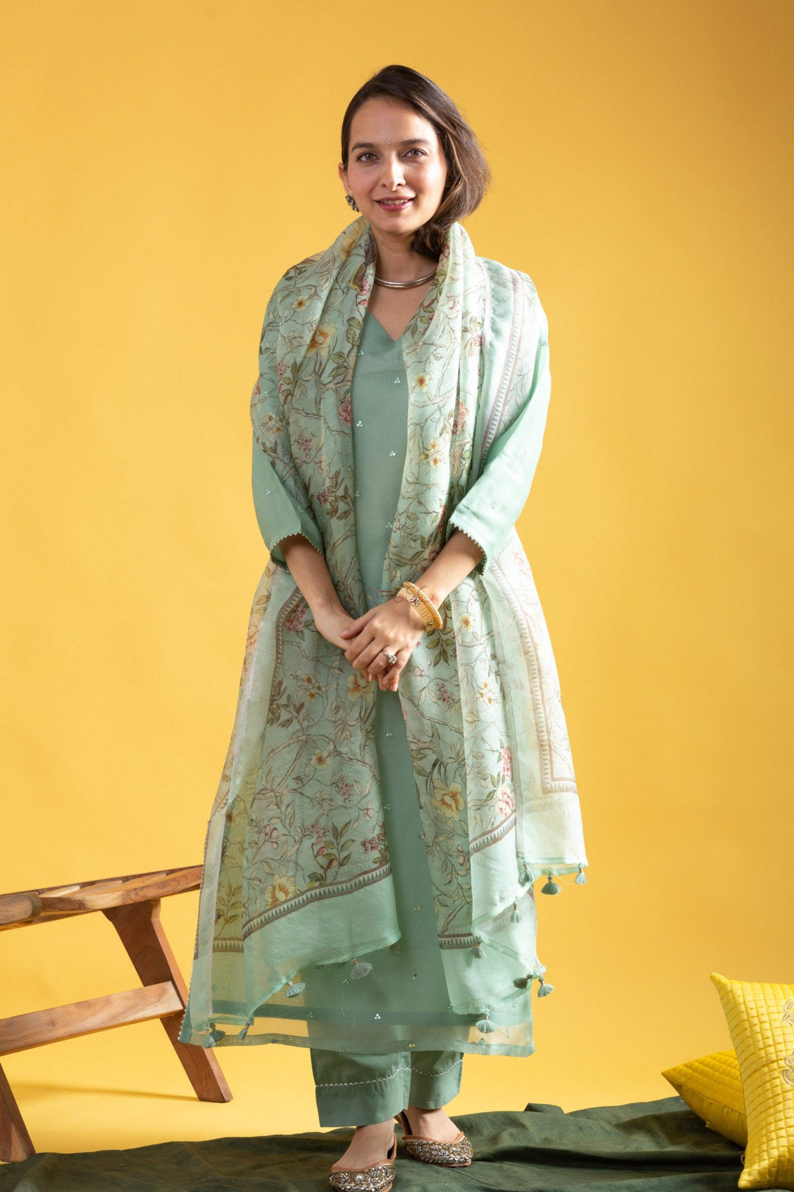 Women's Sea Green Embroidered Kurta Set with Floral Dupatta, Traditional Indian Ethnic Wear