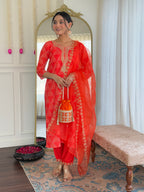 Women’s Red French Crepe Set Featuring Gadhwal Chanderi & Organza Fabric