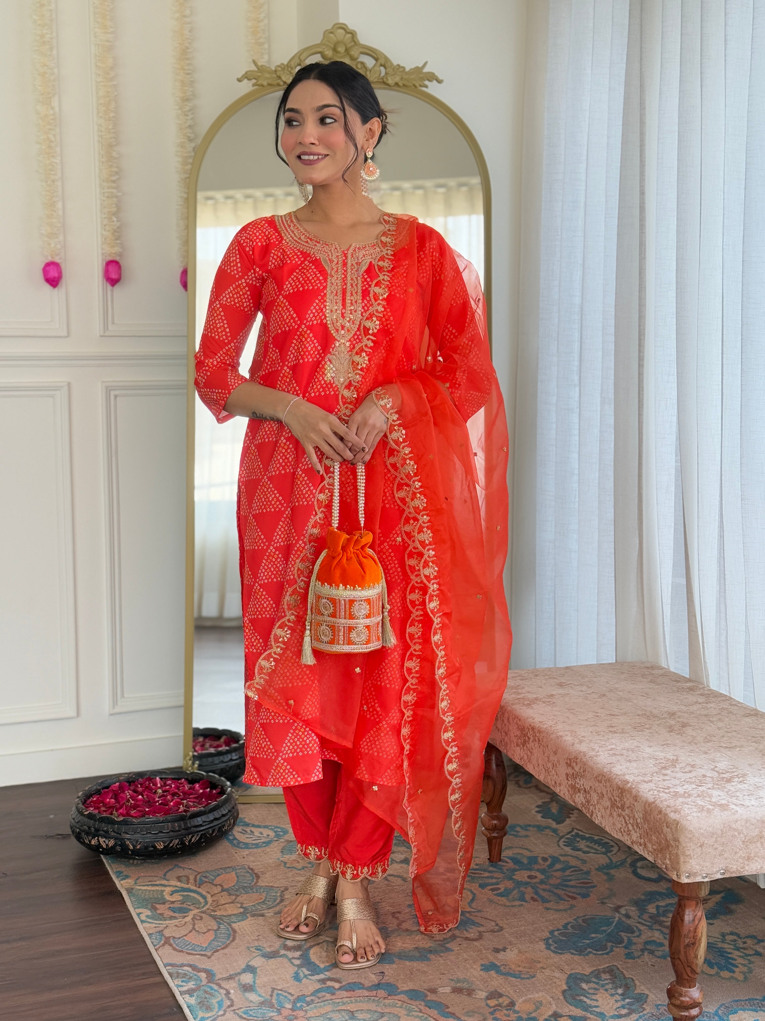 Women’s Red French Crepe Set Featuring Gadhwal Chanderi & Organza Fabric