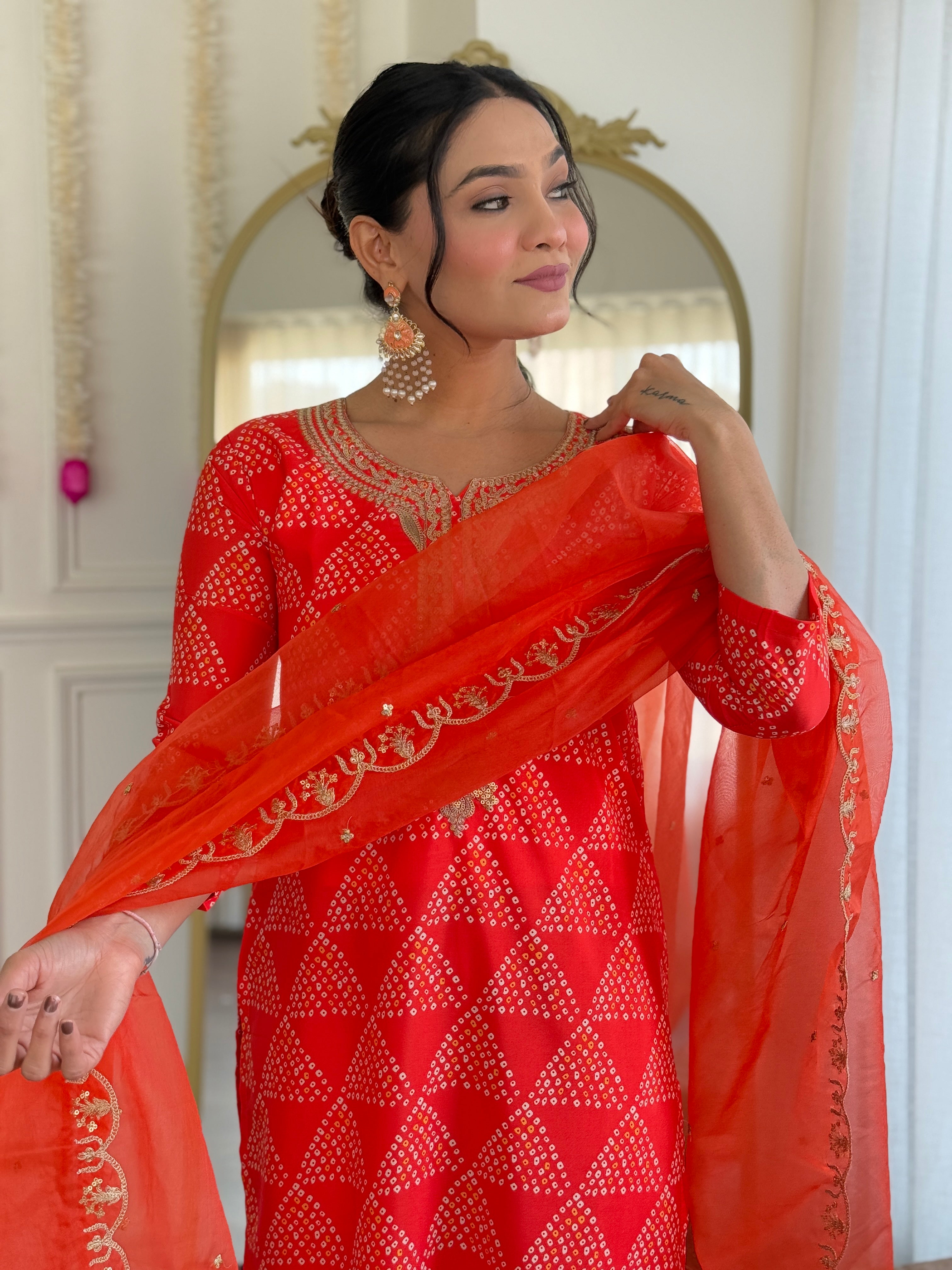 Women’s Red French Crepe Set Featuring Gadhwal Chanderi & Organza Fabric
