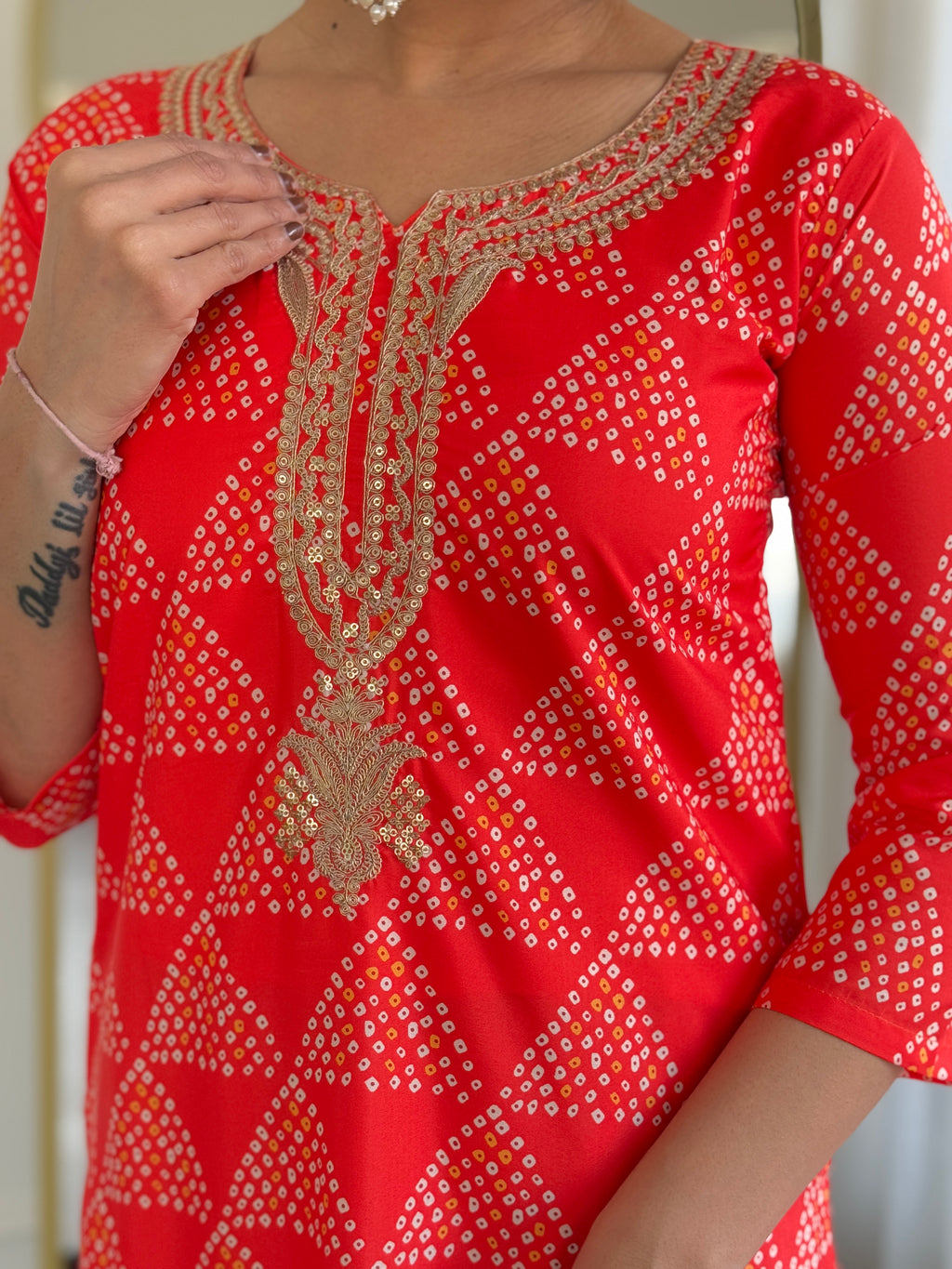 Women’s Red French Crepe Set Featuring Gadhwal Chanderi & Organza Fabric