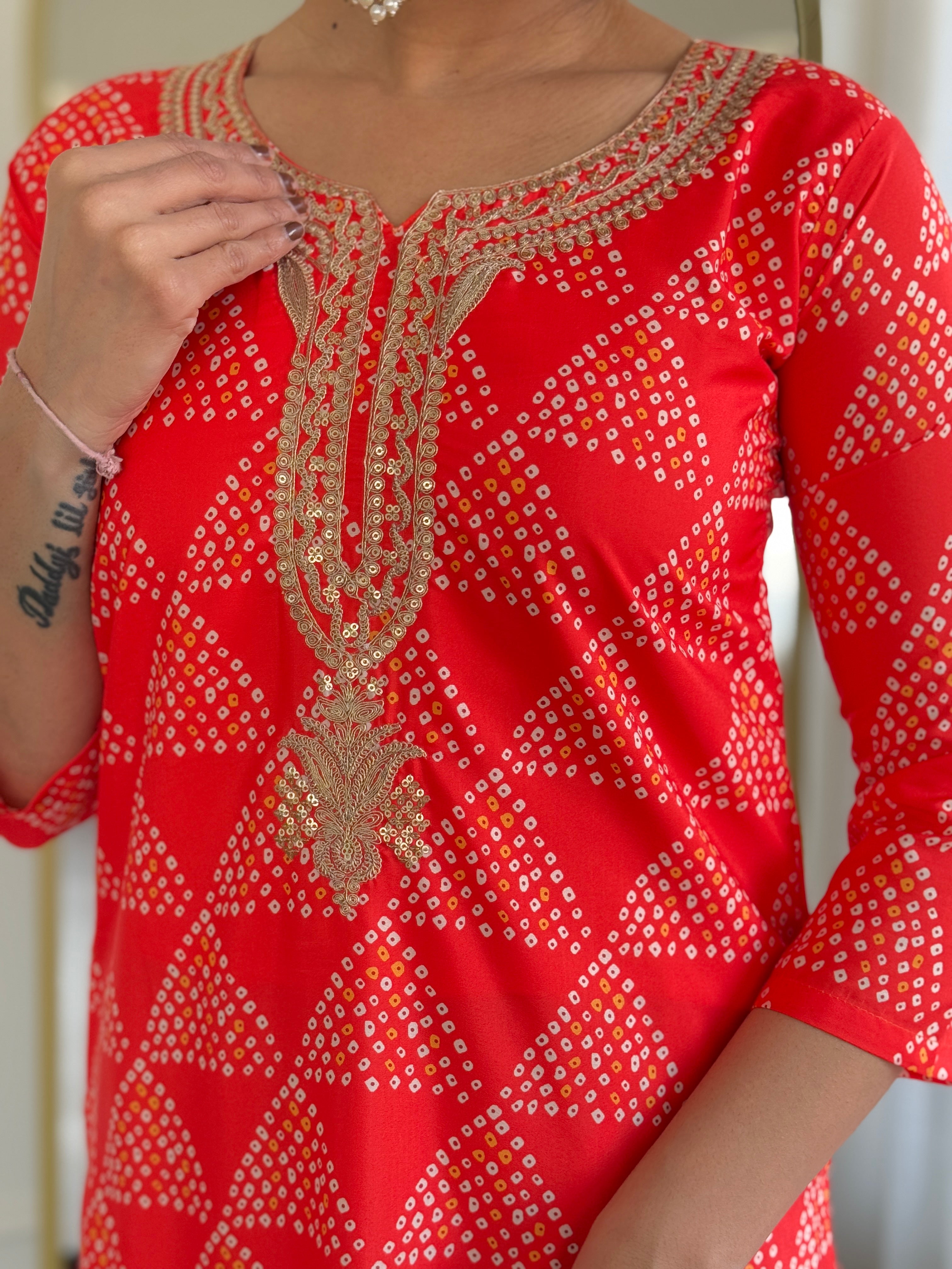 Women’s Red French Crepe Set Featuring Gadhwal Chanderi & Organza Fabric