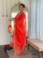 Women’s Red French Crepe Set Featuring Gadhwal Chanderi & Organza Fabric