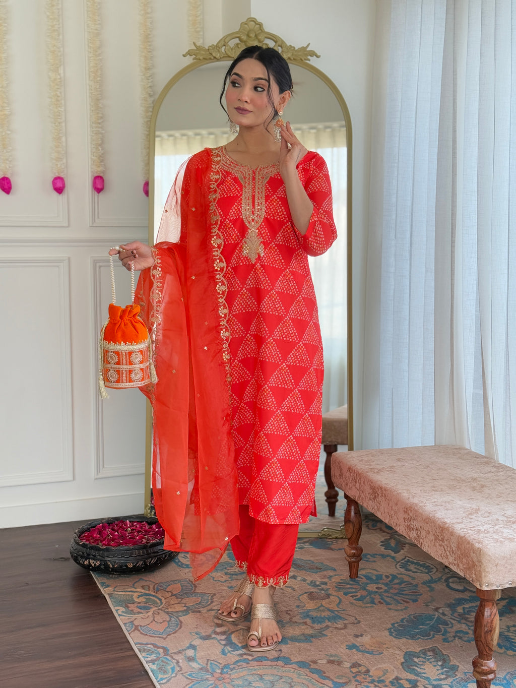 Women’s Red French Crepe Set Featuring Gadhwal Chanderi & Organza Fabric