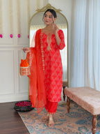 Women’s Red French Crepe Set Featuring Gadhwal Chanderi & Organza Fabric